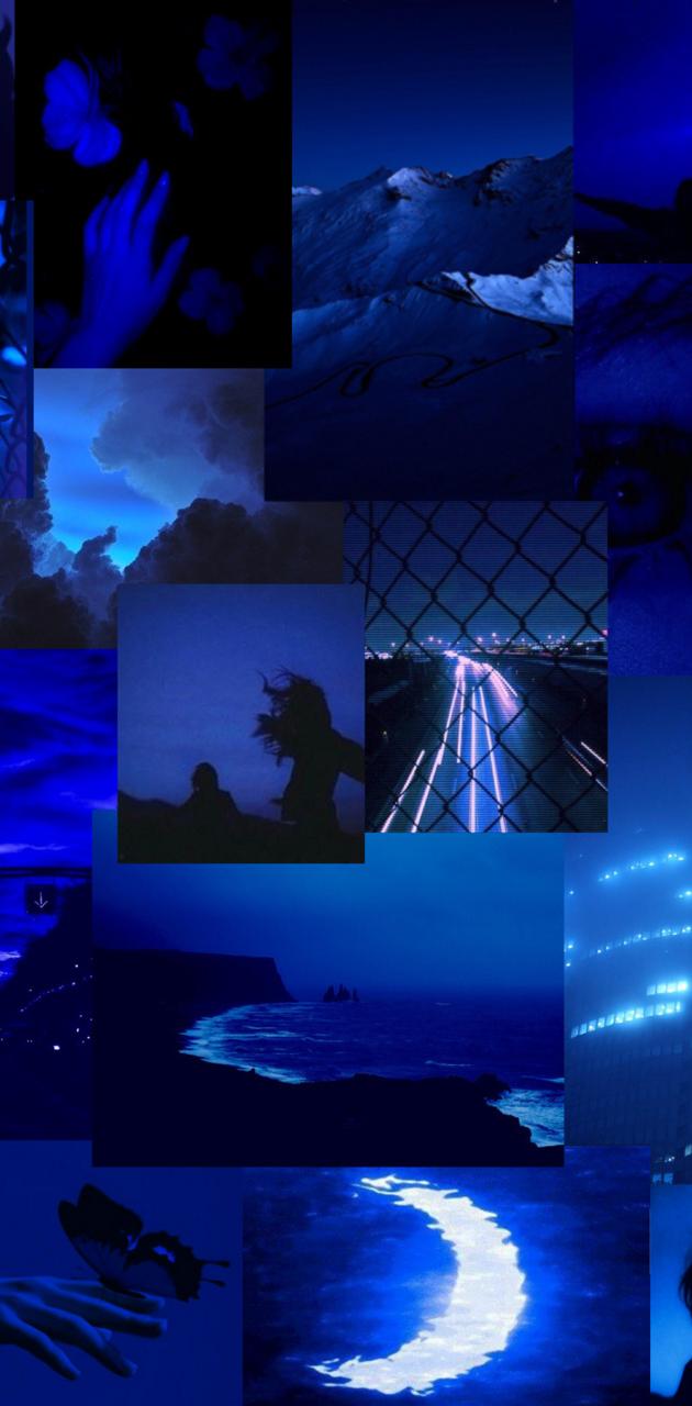 Collage, Mondsichel, Nacht, Dunkelblau, Neon, Hochformat, Hintergrundbild fürs Handy