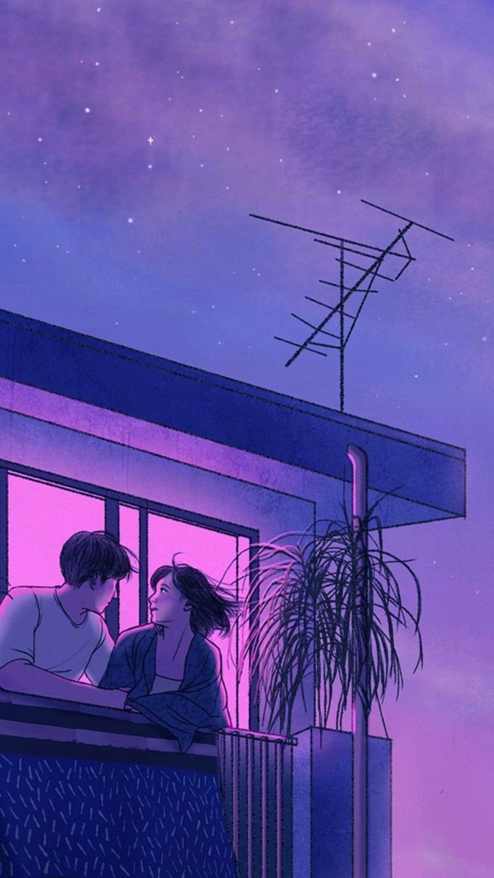 Anime, Paar, Balkon, Antenne, Lila Himmel, Hintergrundbild für iPhone und Android