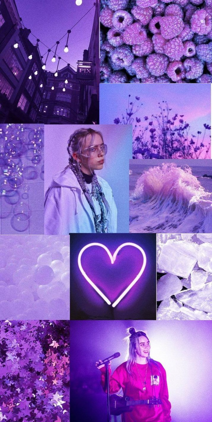 Collage, Lila Ästhetik, Neonherz, Blumen, Moodboard, Hochformat, Hintergrundbild fürs Smartphone