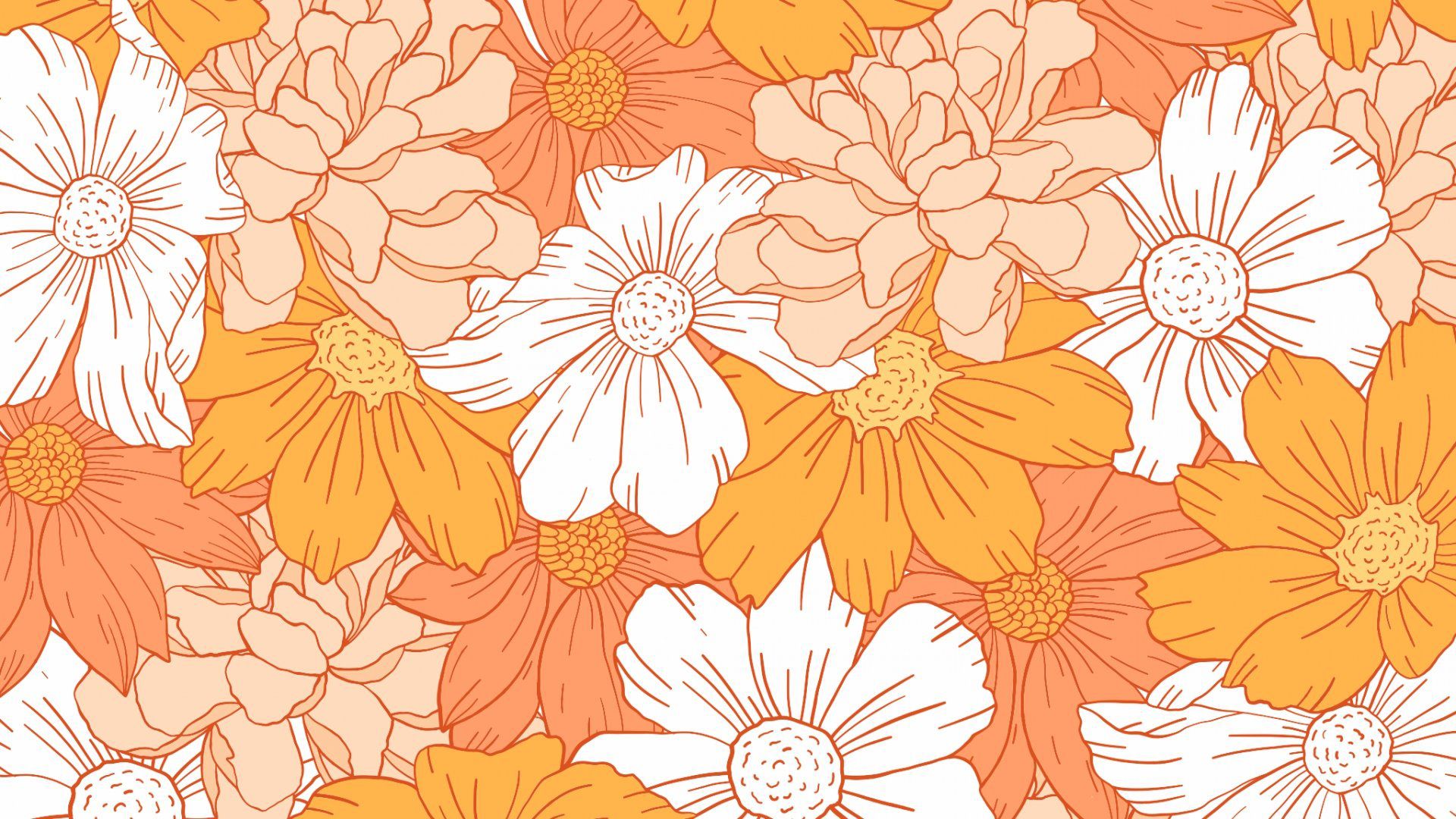 Blumenmuster, Retro, Weiß, Orange, Illustration, 1920x1080, Full-HD-Hintergrundbild für PC
