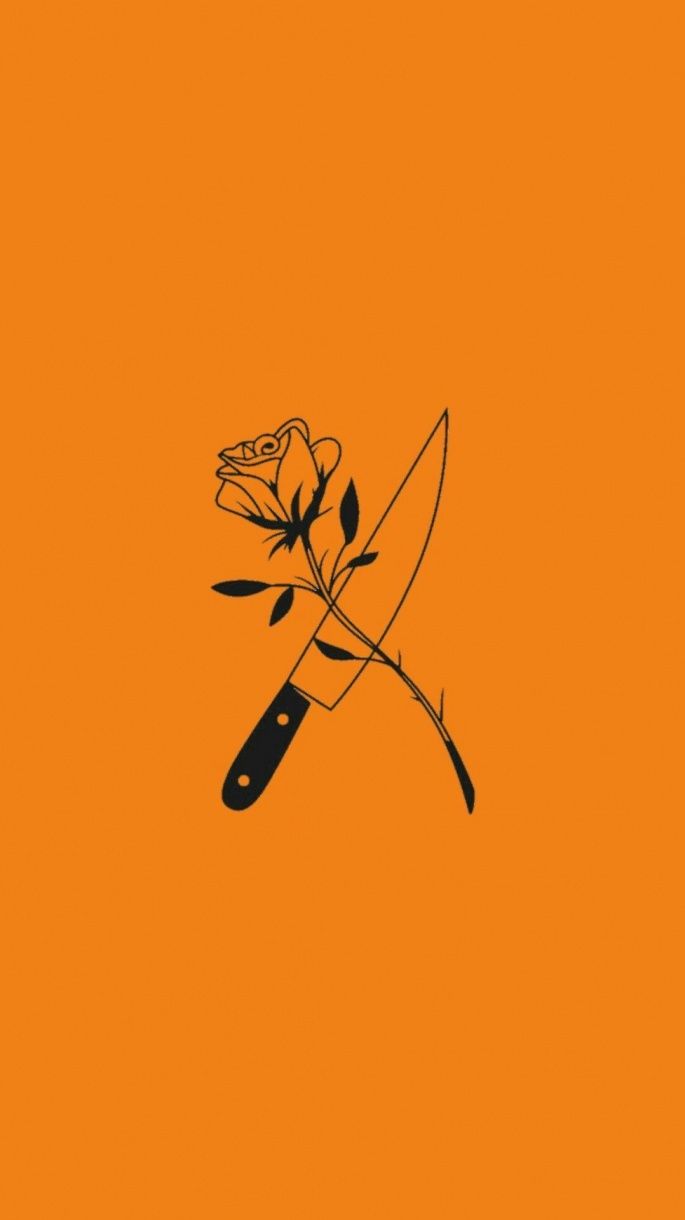 Rose, Dolch, Strichzeichnung, Tattoo-Stil, Orange, Hochformat, Hintergrundbild fürs Smartphone