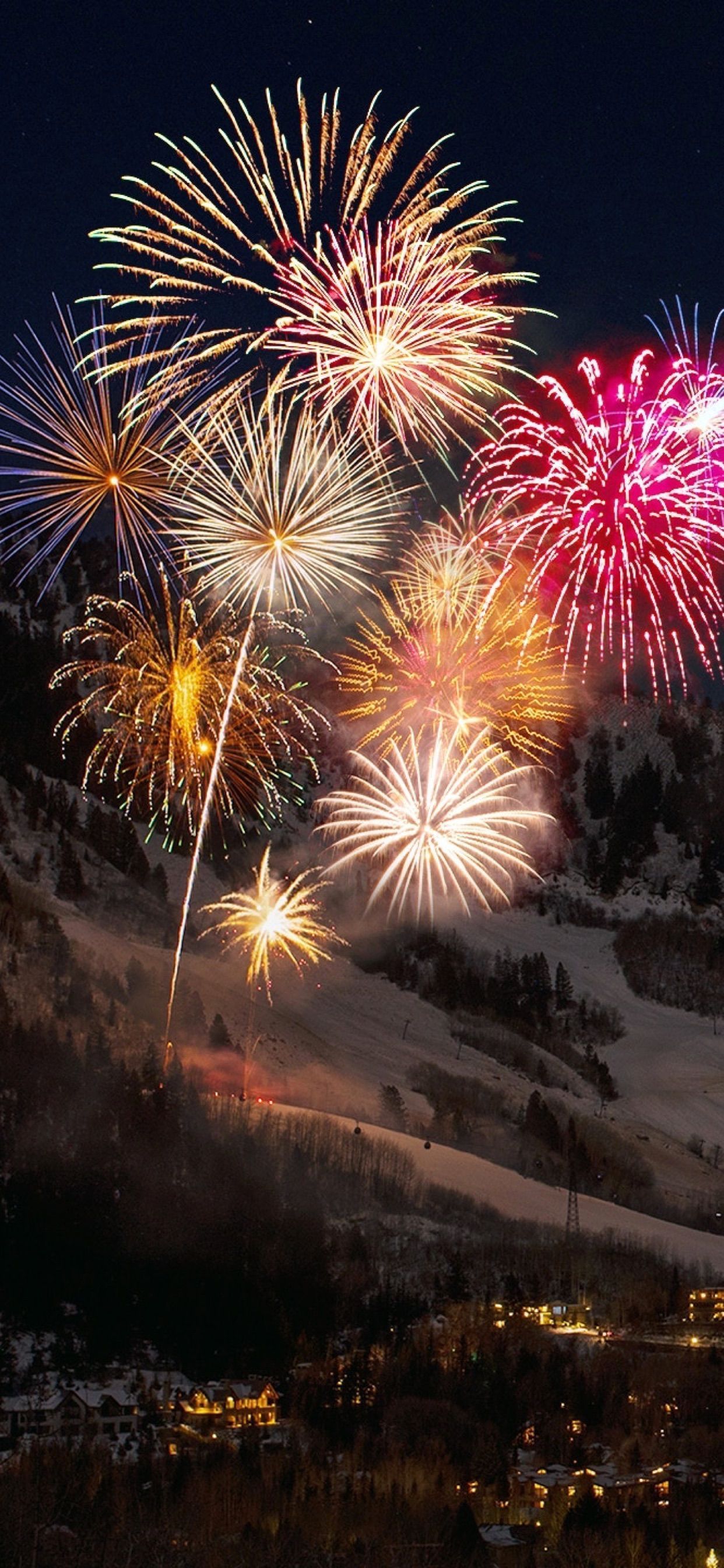 Feuerwerk, Bunt, Schnee, Berg, Nacht, Full HD, Sperrbildschirm fürs iPhone