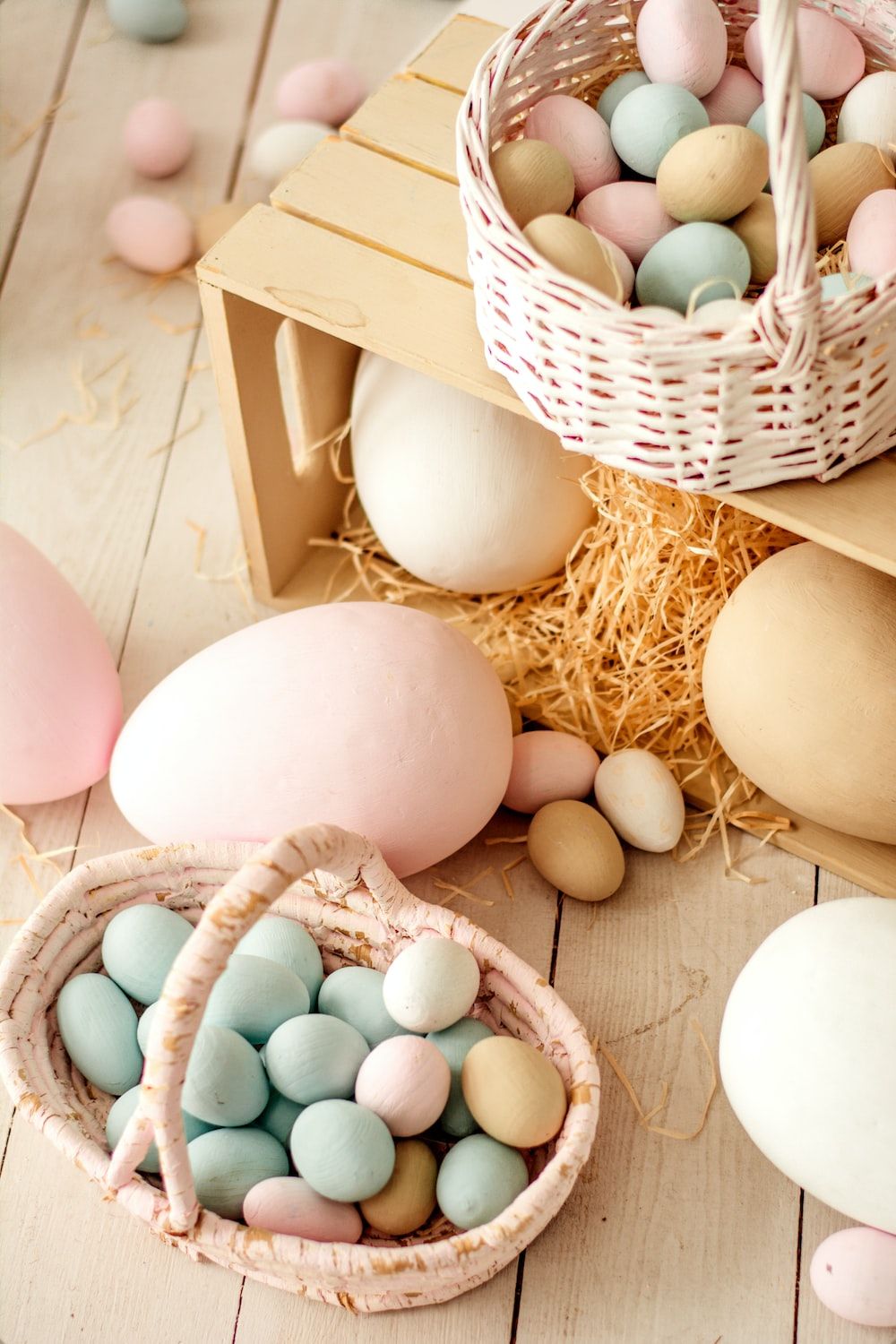 Ostereier, Körbe, Holzkiste, Pastellfarben, Landhausstil, HD, Handy-Hintergrundbild