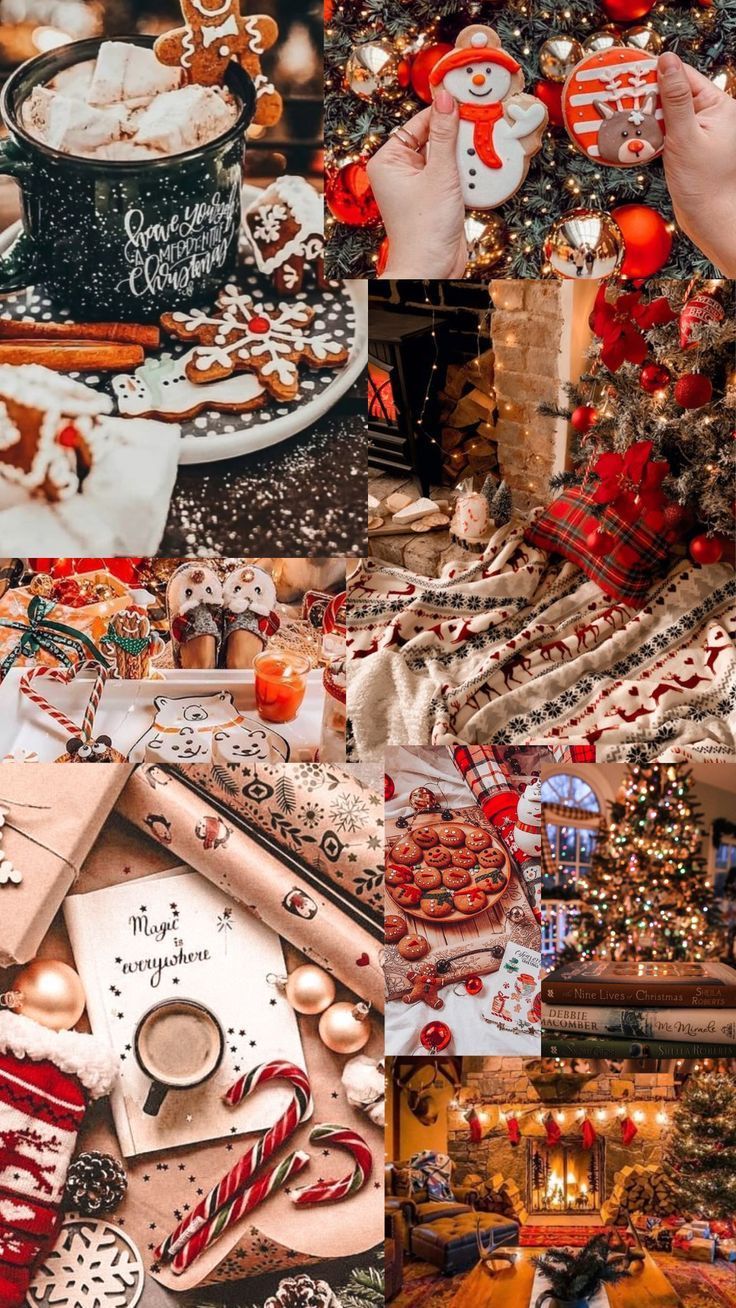 Collage, Heiße Schokolade, Weihnachtsdeko, Rot, Gemütlich, HD, iPhone-Hintergrundbild