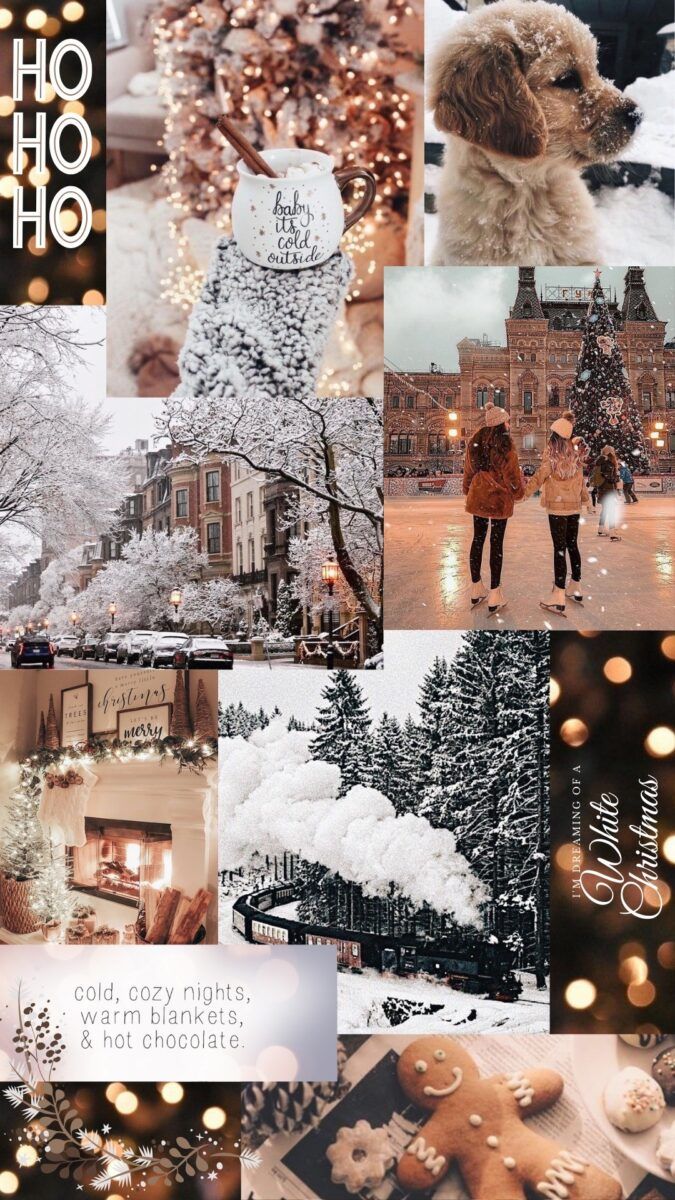 Collage, Ho Ho Ho, Schnee, Hund, Winter, Hintergrundbild für iPhone und Android