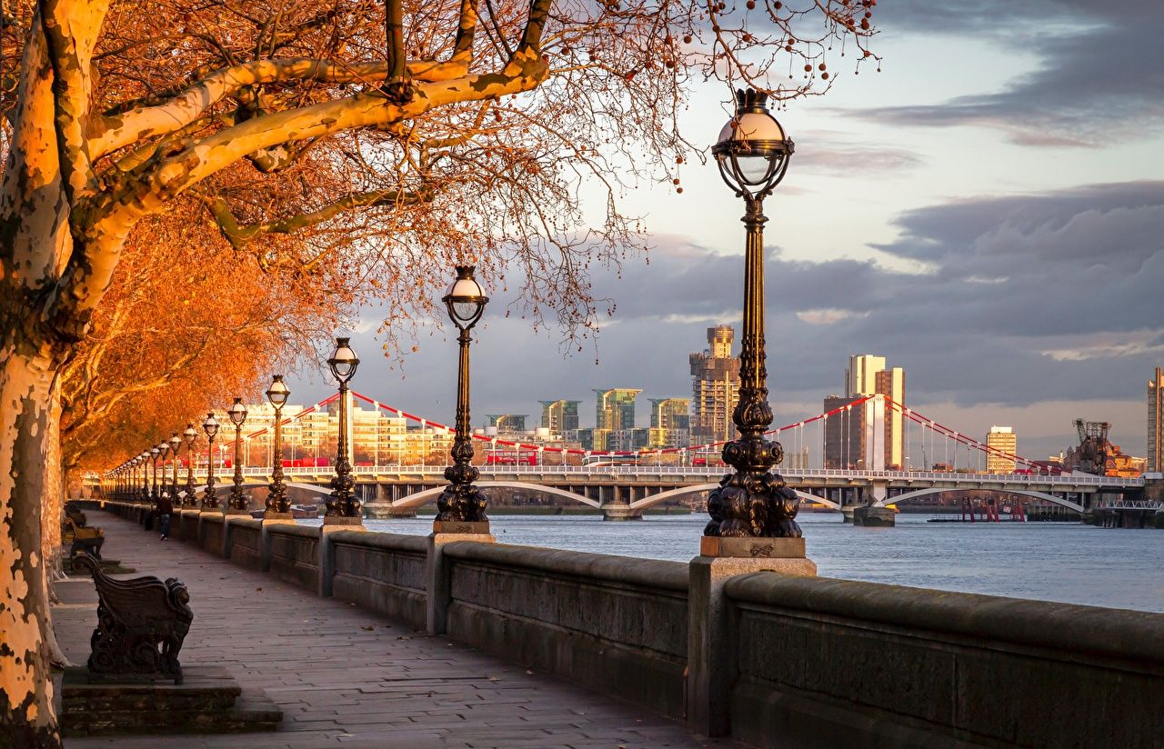 Chelsea (London), Themse, Uferpromenade, Herbstbäume, Laternen, Abendlicht, HD, Laptop-Hintergrundbild
