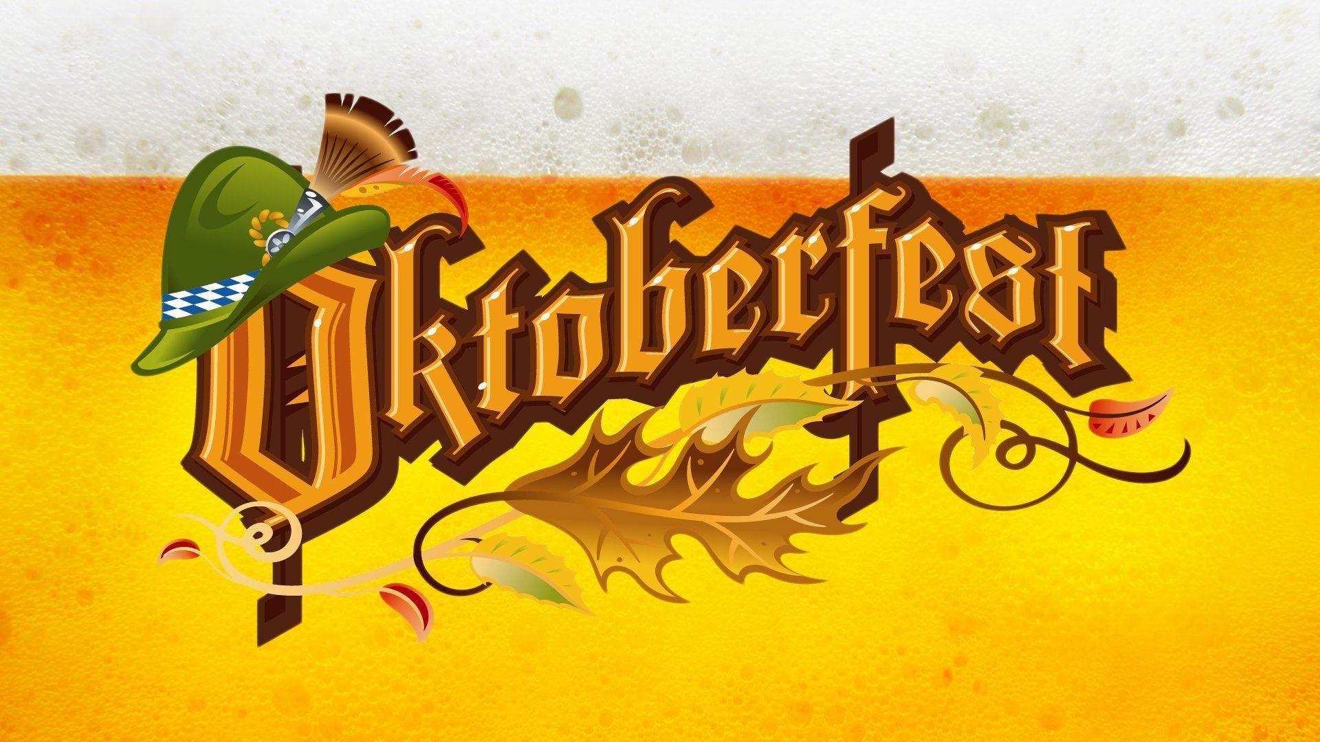 Oktoberfest, Gotische Schrift, Tirolerhut, Bierschaum, Herbstblätter, Full HD, Breitbild-Hintergrundbild