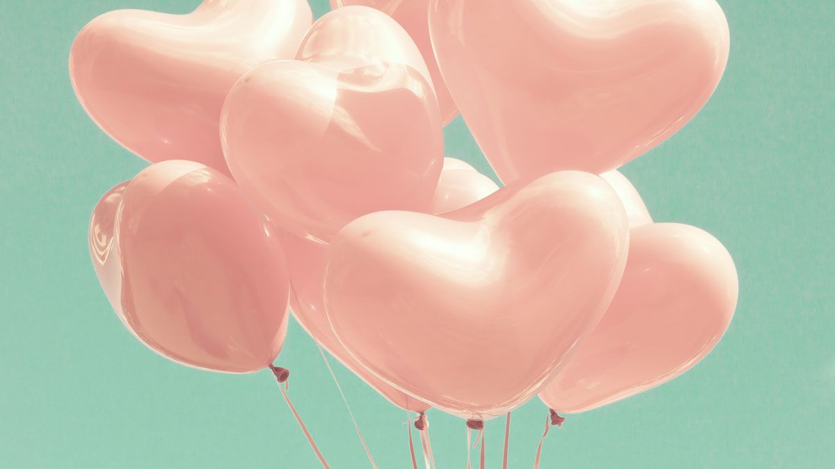 Herzballons, Luftballons, Rosa, Mintgrüner Hintergrund, Pastellfarben, Wallpaper
