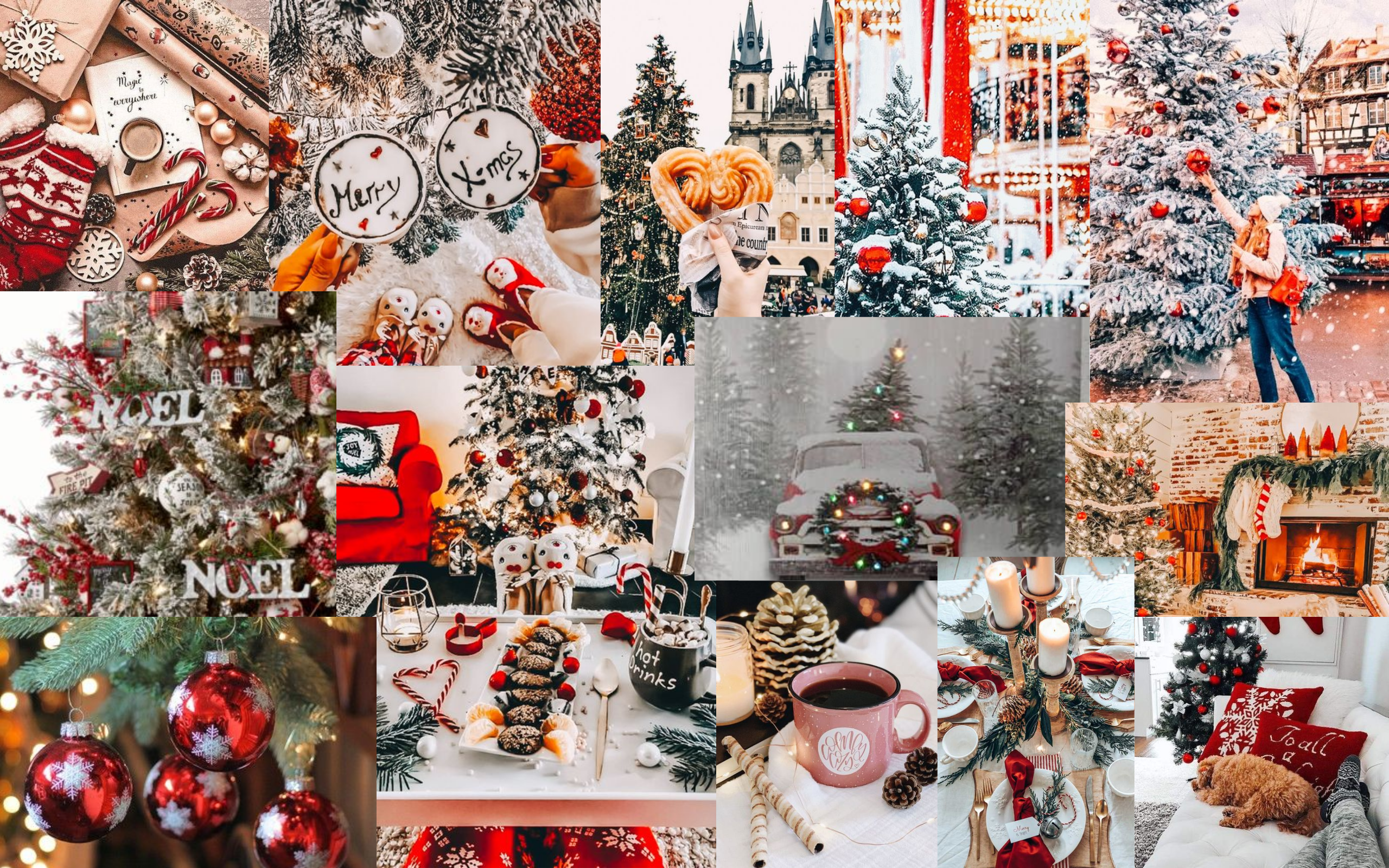 Collage, Weihnachtsmarkt, Christbaumkugeln, Kamin, Festlich, 2K, PC-Hintergrundbild
