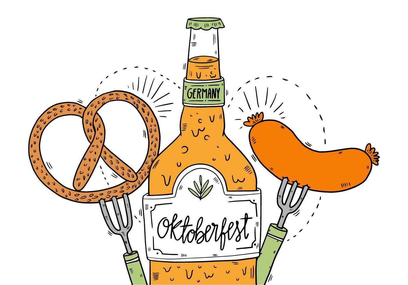 Oktoberfest, Brezel, Bierflasche, Wurst, Zeichnung, HD, Hintergrund für den Desktop