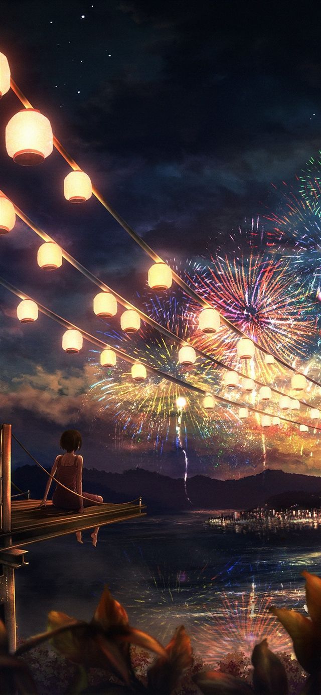 Laternen, Feuerwerk, Anime-Stil, Steg, Nachthimmel, Hintergrundbild für iPhone und Android