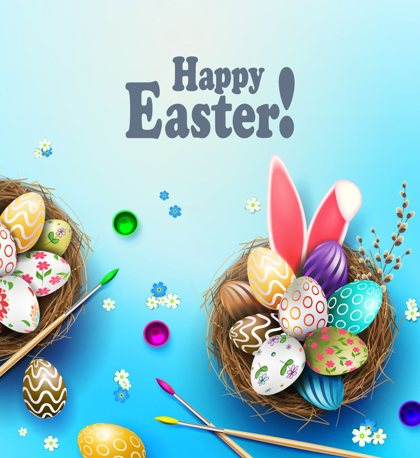 Happy Easter, Ostereier, Nest, Bemalen, Blauer Hintergrund, Full HD Wallpaper