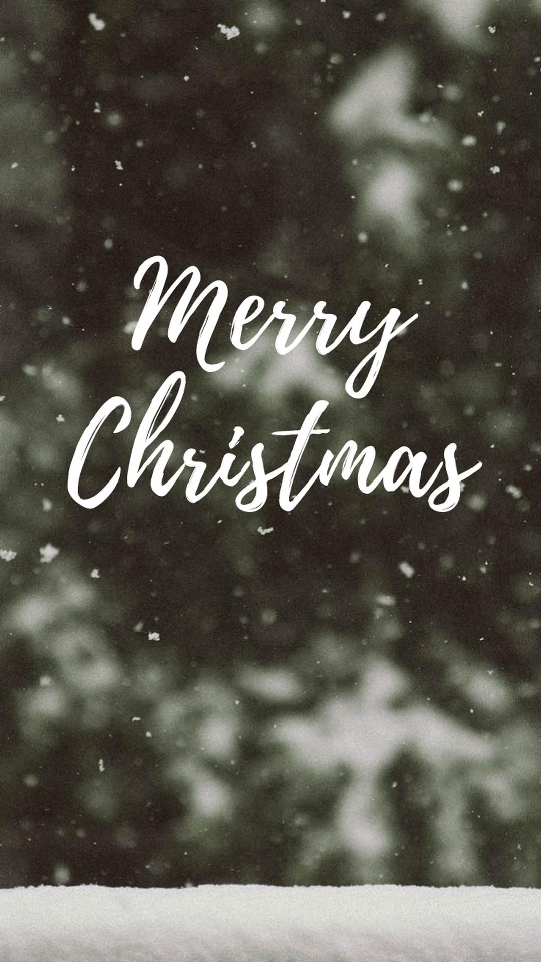 Merry Christmas, Schriftzug, Schneefall, Tannenbaum, Dunkelgrün, Android-Hintergrundbild
