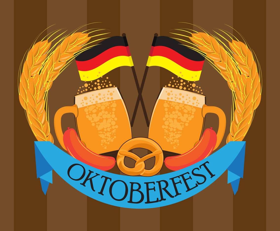 Oktoberfest, Bierkrüge, Deutsche Flagge, Brezel, Weizenähren, Illustration, Hintergrund