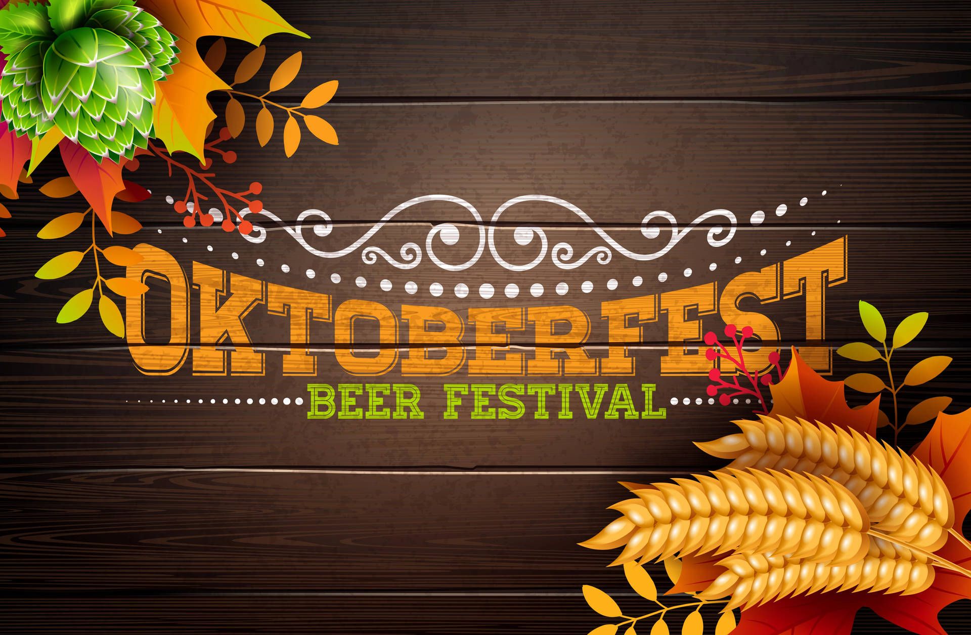 Oktoberfest, Bierfest, Hopfen, Herbstlaub, Holz, Schriftzug, Full-HD-Hintergrundbild für PC