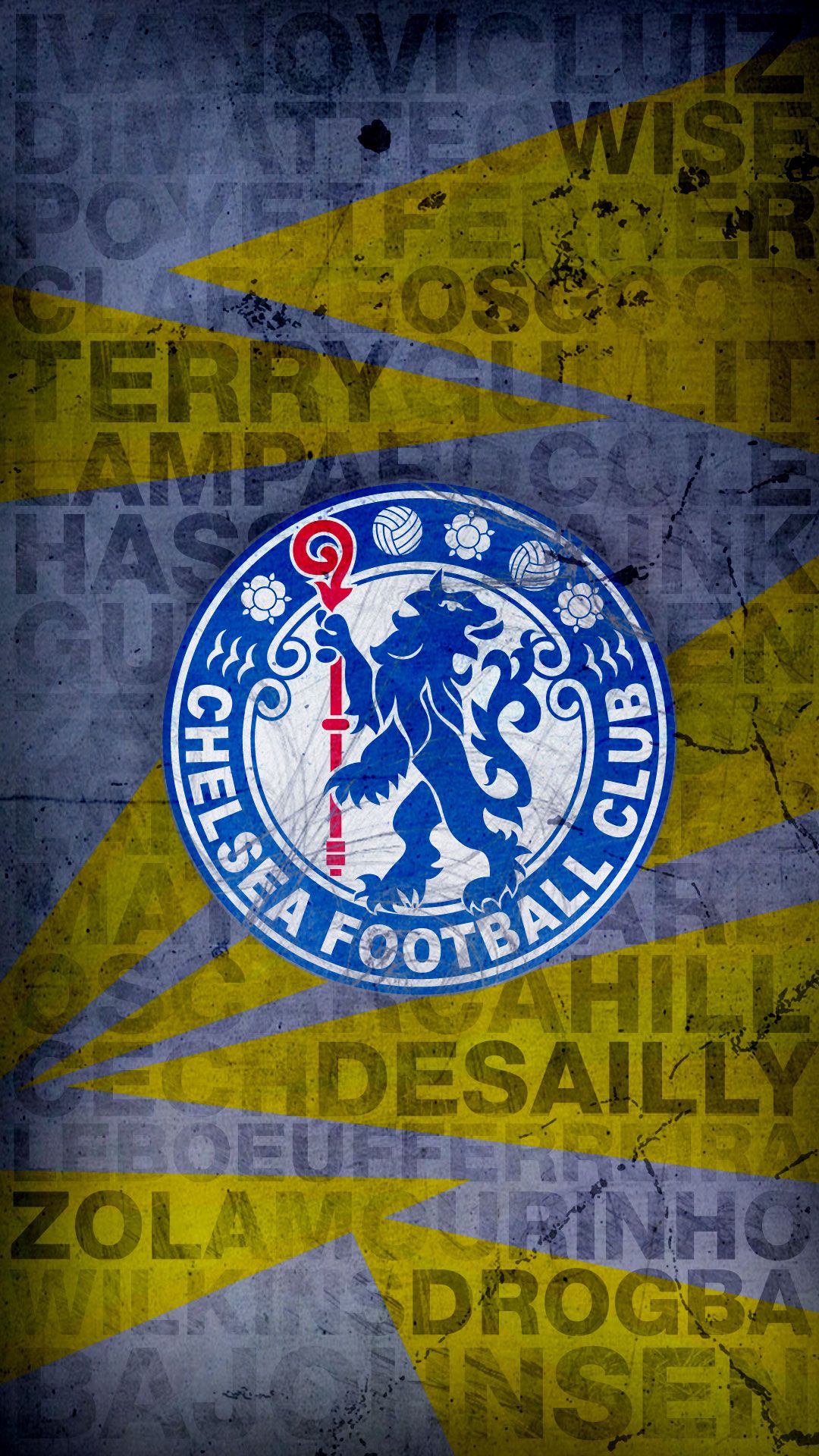 Chelsea FC, Wappen, Spielernamen, Typografie, Gelb-Blau, Full HD, iPhone-Hintergrundbild