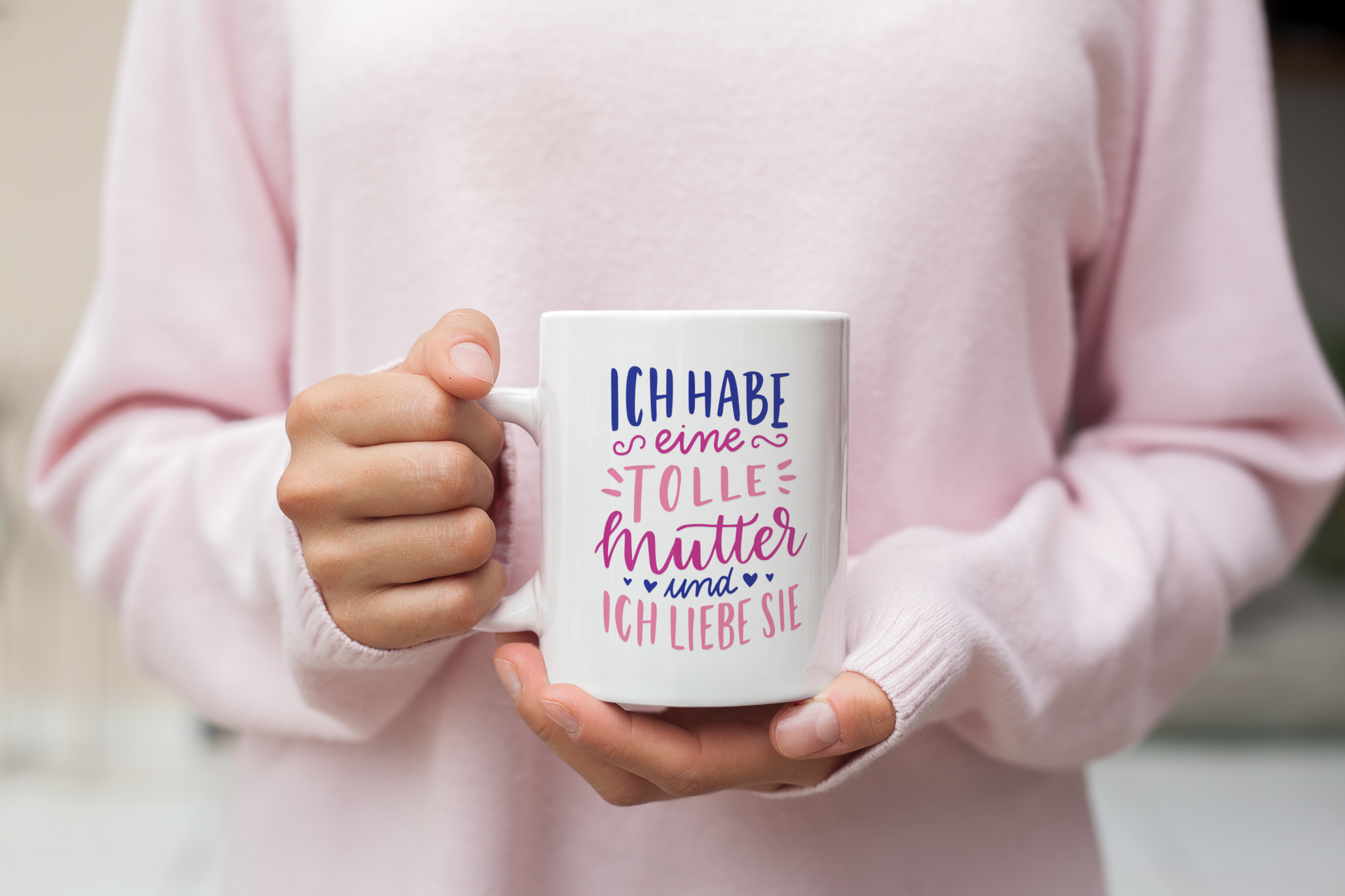 Tasse, Ich habe eine tolle Mutter, Schriftzug, Rosa Pullover, Hände, Full HD, PC-Hintergrundbild