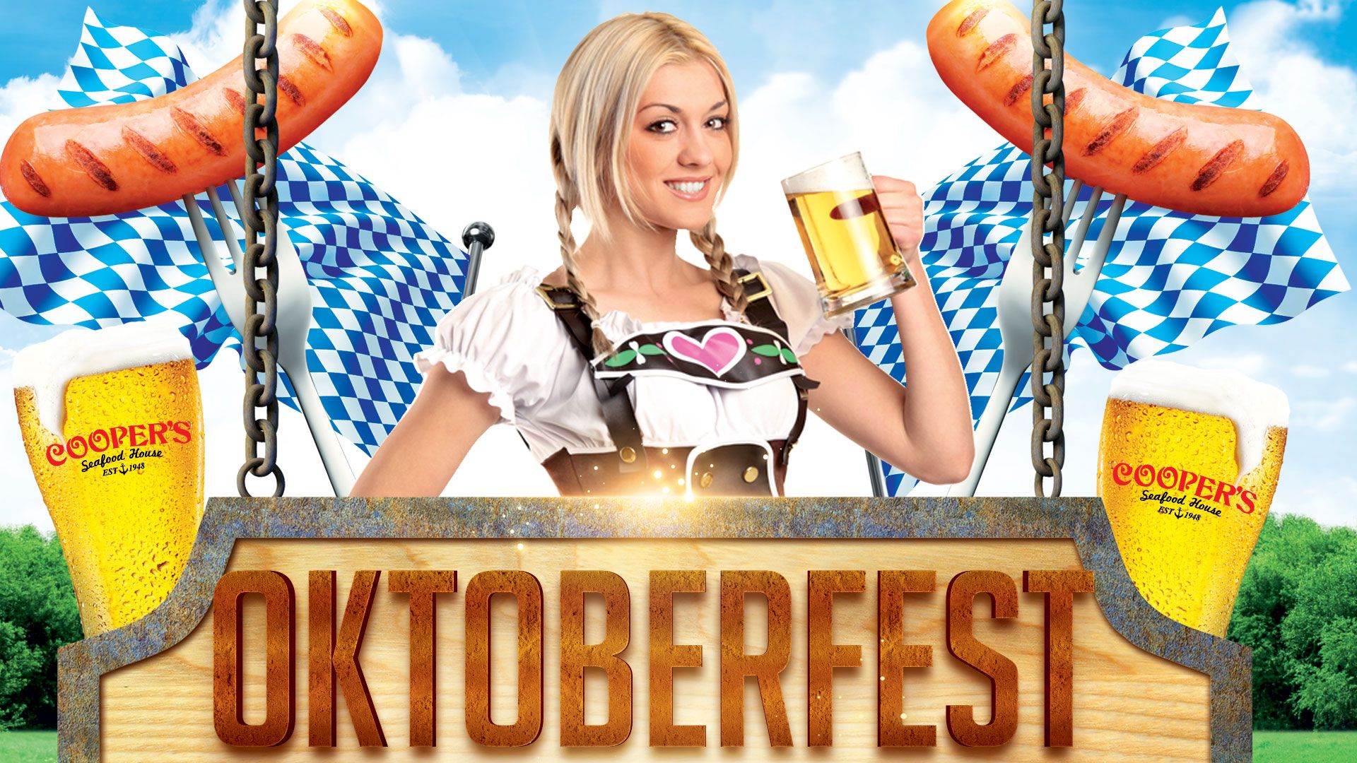 Oktoberfest, Dirndl, Bierkrug, Würstchen, Bayerische Flagge, Schild, 1920x1080, Desktop-Hintergrund