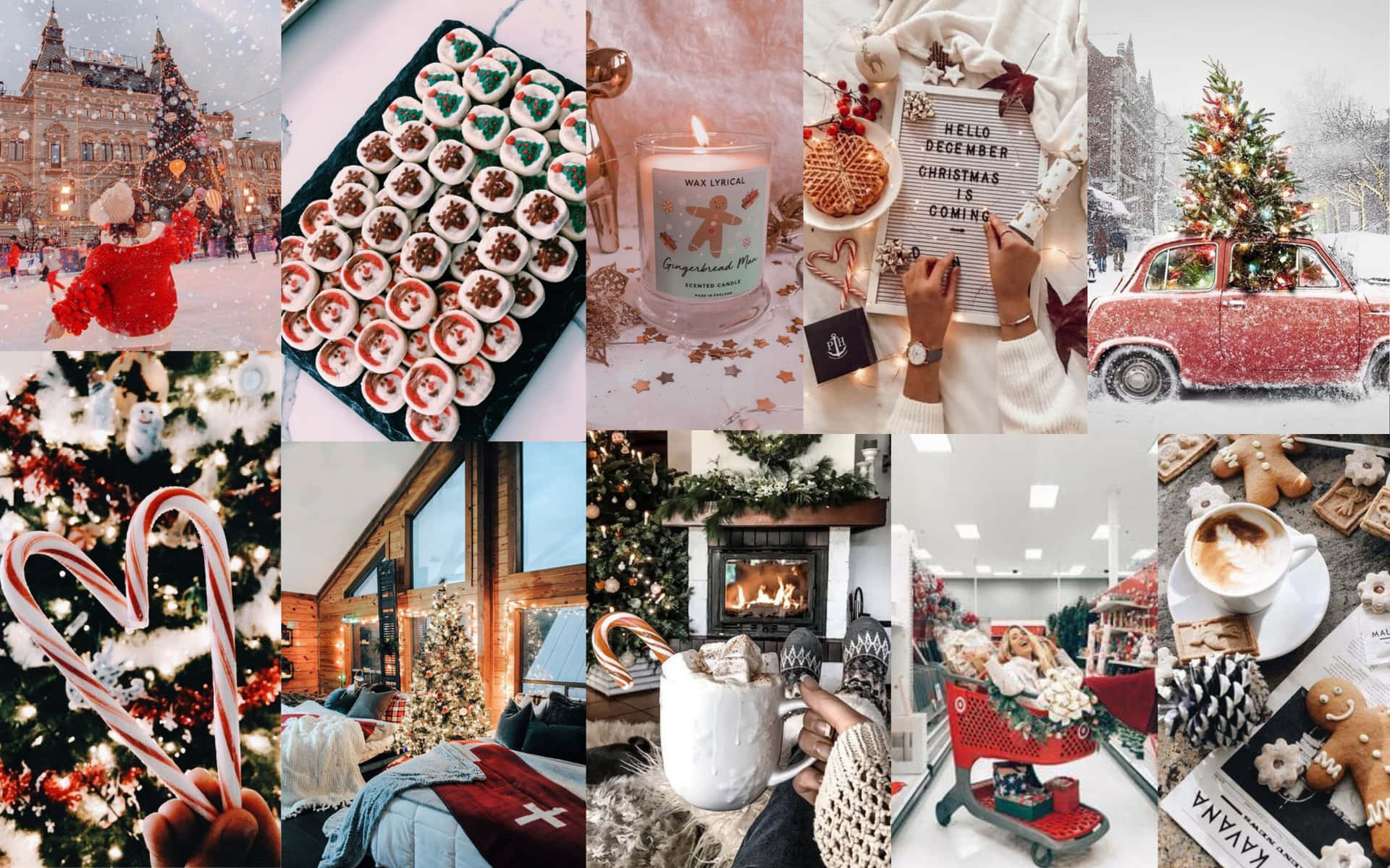 Collage, Pfefferminzbonbons, Zuckerstangen, Auto mit Baum, Kerze, Full HD, Laptop-Hintergrundbild