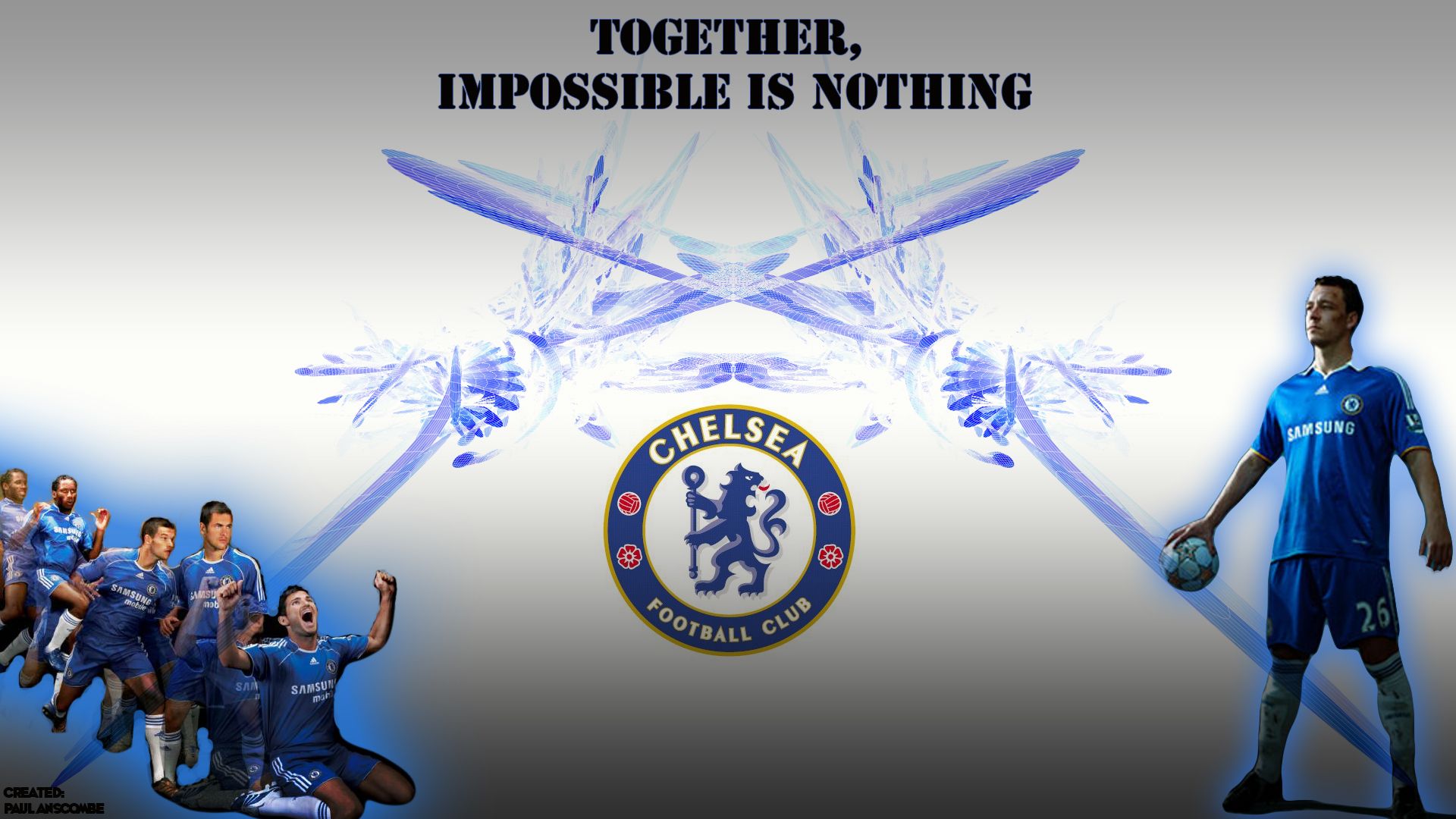 Chelsea FC, Together, Impossible Is Nothing, Fußballspieler, Wappen, Hellgrau, Full-HD-Hintergrundbild