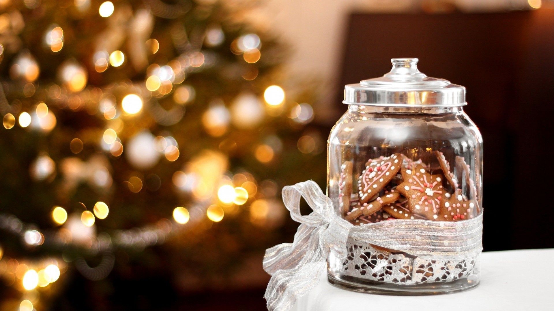 Lebkuchen, Keksglas, Weihnachtsbaum, Bokeh, Goldenes Licht, Full HD, Windows-Hintergrundbild