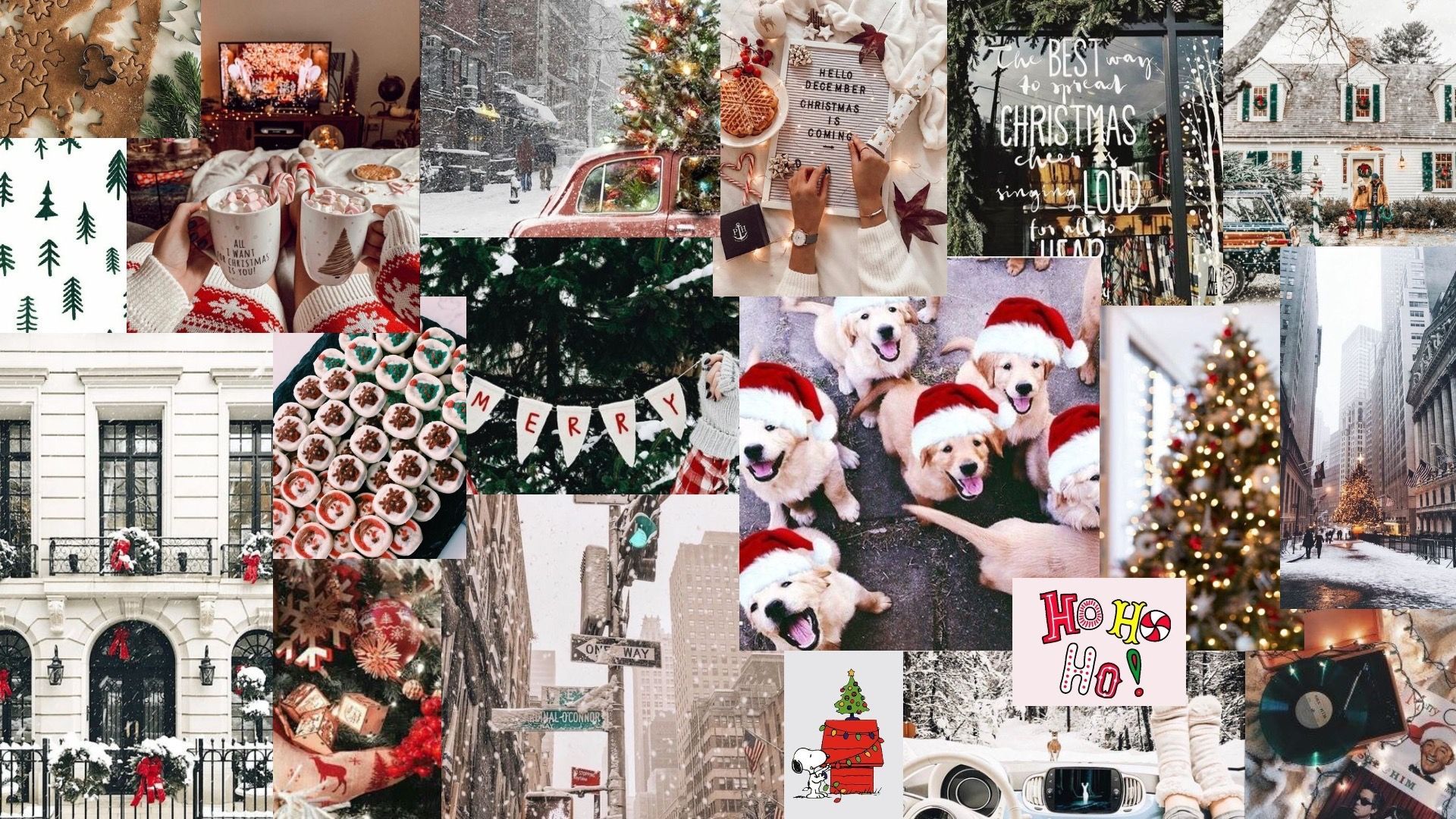 Collage, Welpen, Weihnachtsmütze, Schnee, Ho Ho Ho, 16:9, Full-HD-Hintergrundbild für den Desktop