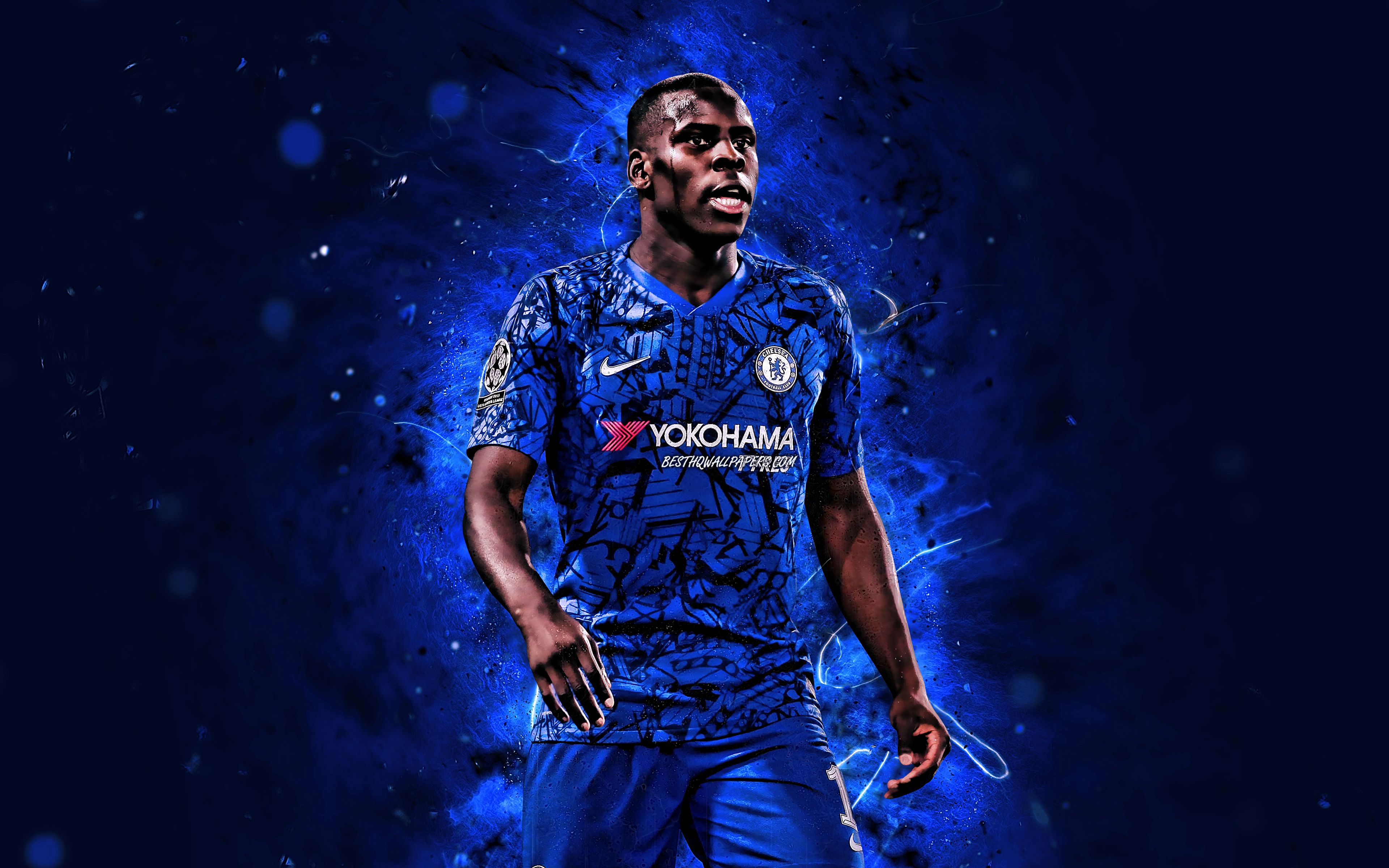 Chelsea FC, Fußballspieler, Trikot, Neon-Effekt, Dunkelblau, 4K-Hintergrundbild für PC