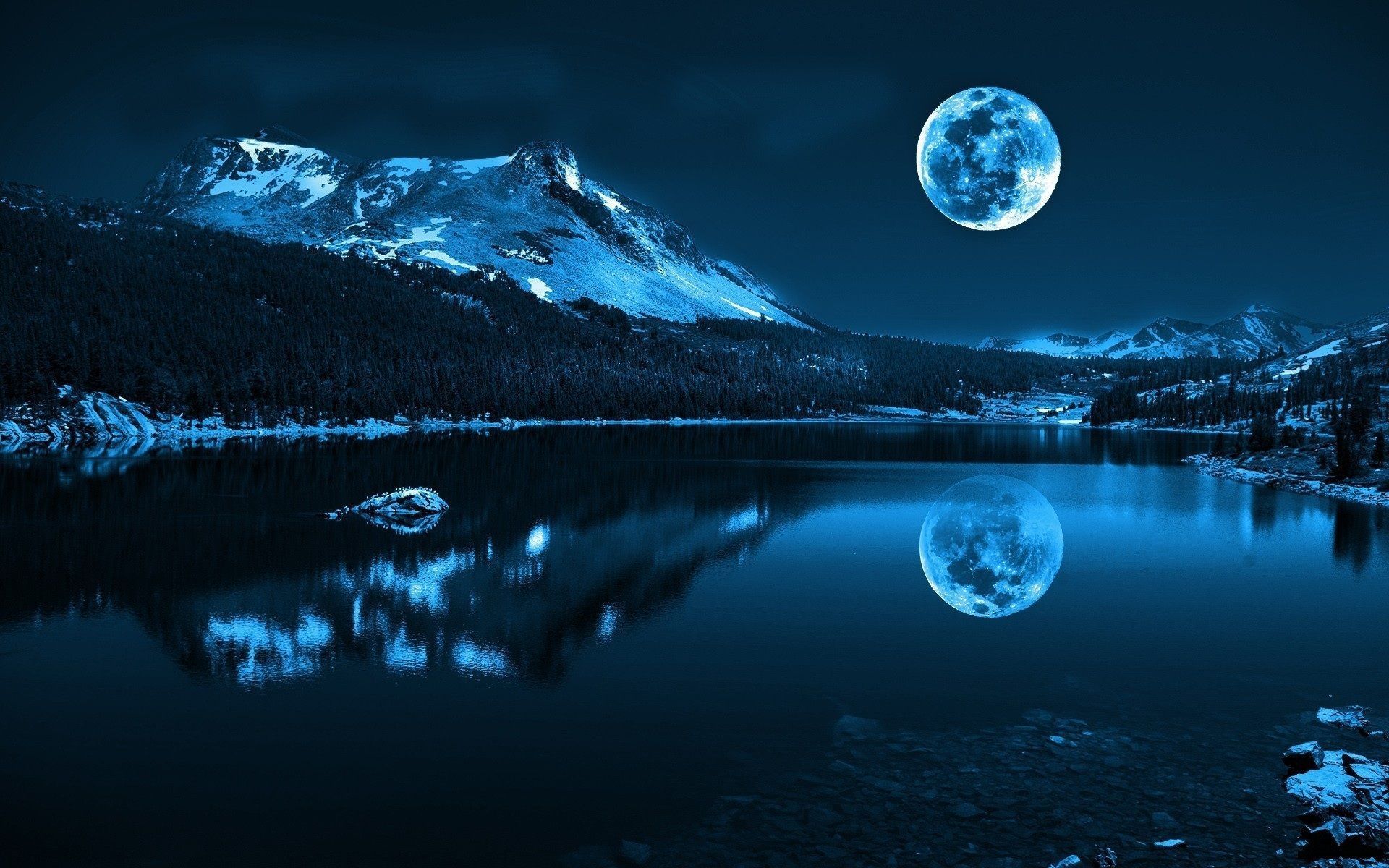Vollmond, Bergsee, Schneeberge, Nacht, Spiegelung, Blaue Stunde, Full-HD-Hintergrundbild für PC
