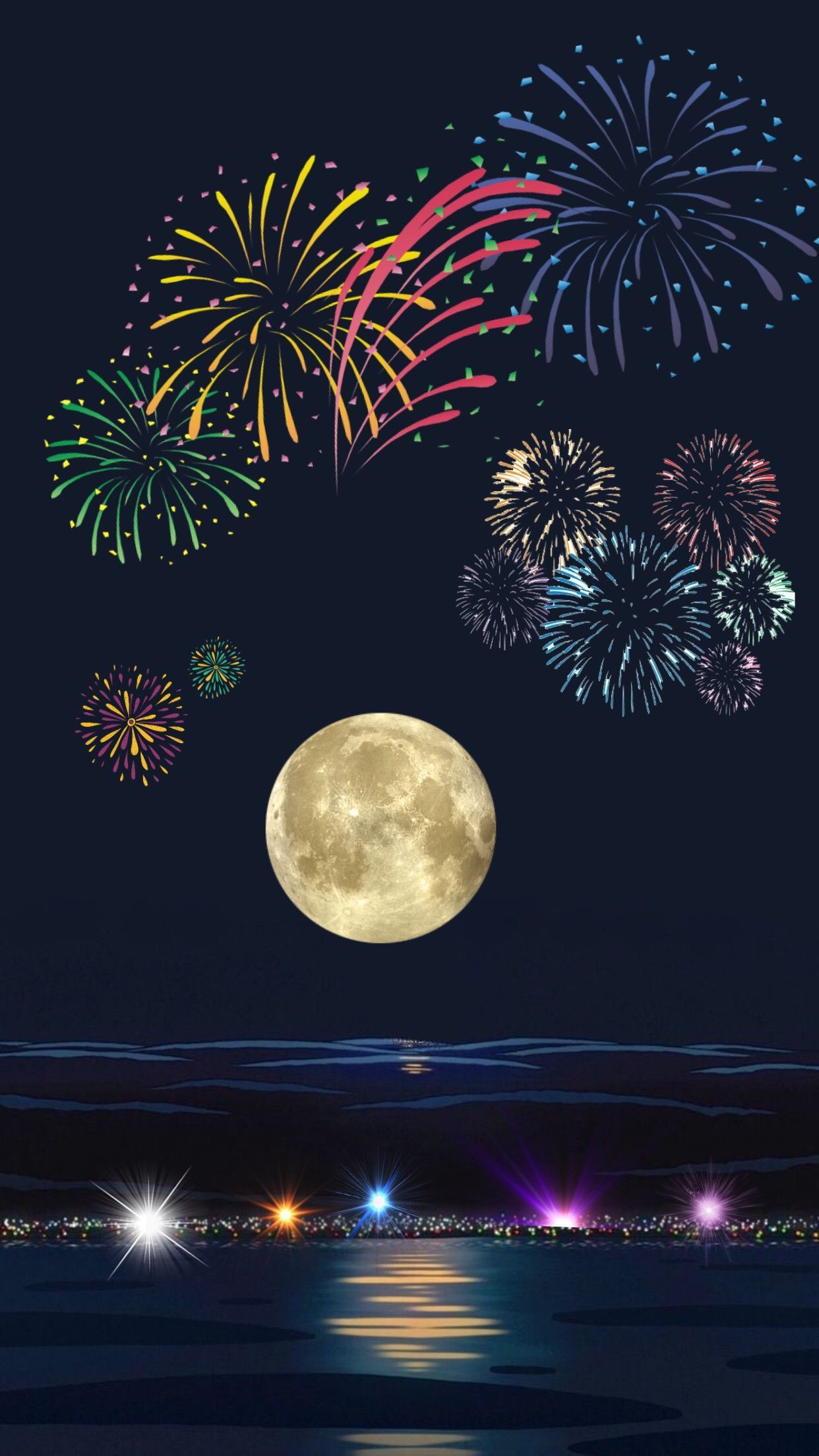 Feuerwerk, Vollmond, Meer, Illustration, Nacht, Full HD, Sperrbildschirm fürs iPhone