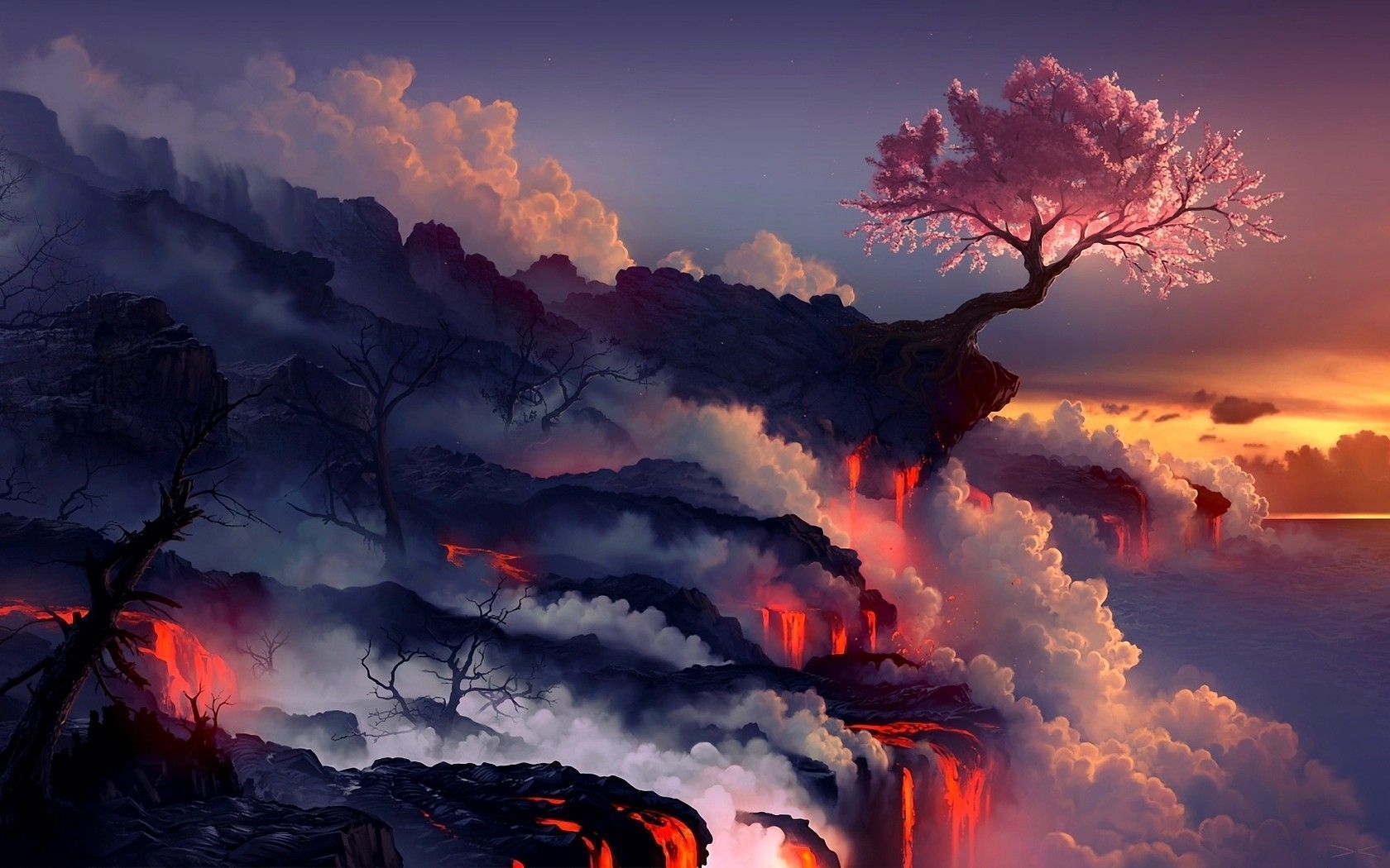 Fantasy-Landschaft, Kirschbaum, Lava, Wolken, Sonnenuntergang, Digitale Kunst, HD Wallpaper