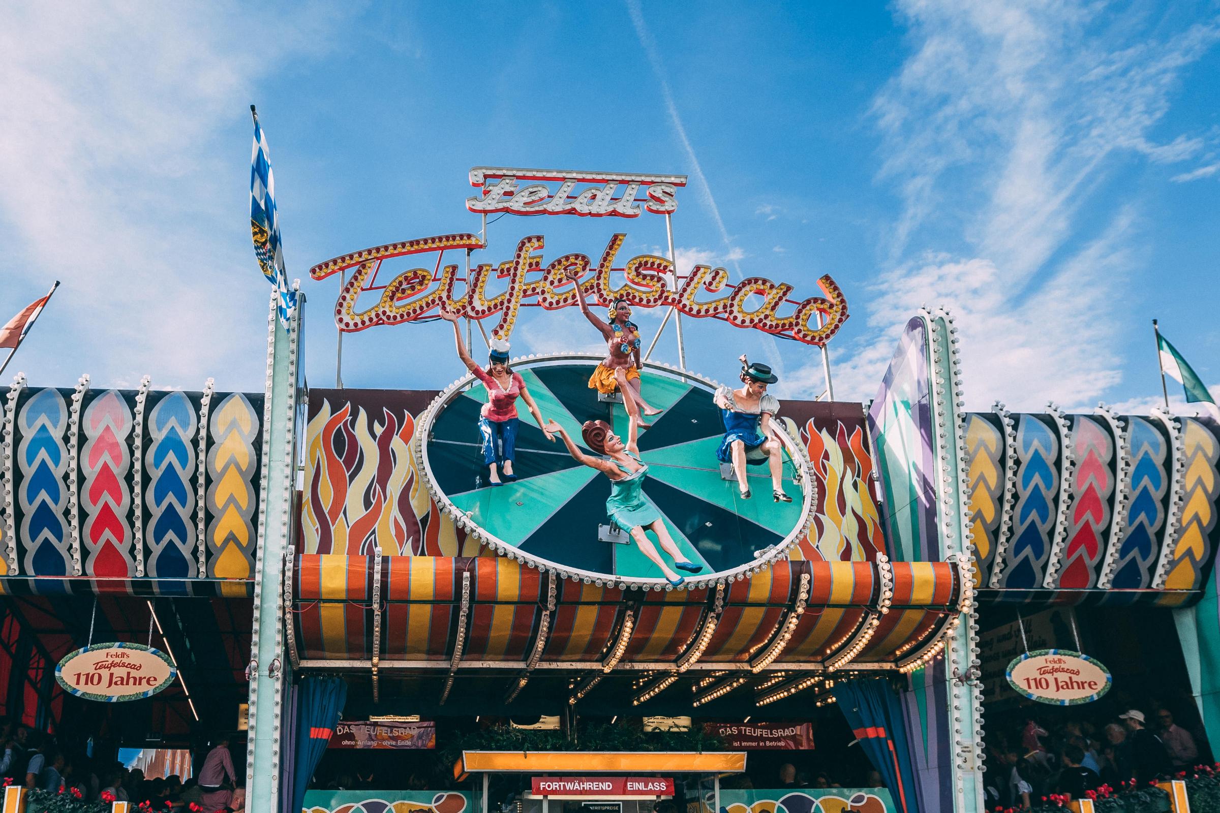 Teufelsrad, Oktoberfest, Fahrgeschäft, Volksfest, Blauer Himmel, Full HD, Desktop-Hintergrund