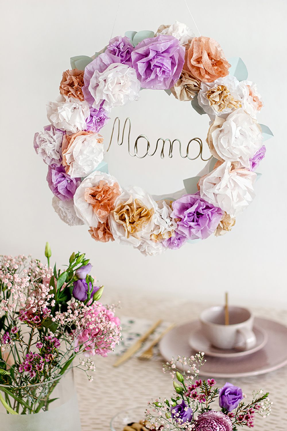 Mama, Blumenkranz, Papierblumen, Teetasse, Blumen, Pastellfarben, HD, Handy-Hintergrundbild