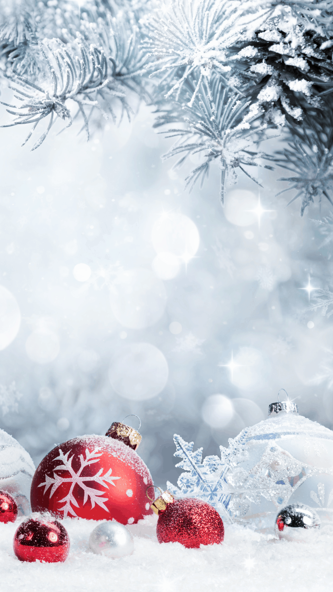 Rote Kugeln, Schnee, Bokeh, Tannenzweige, Weiß, Full HD, Sperrbildschirm fürs iPhone