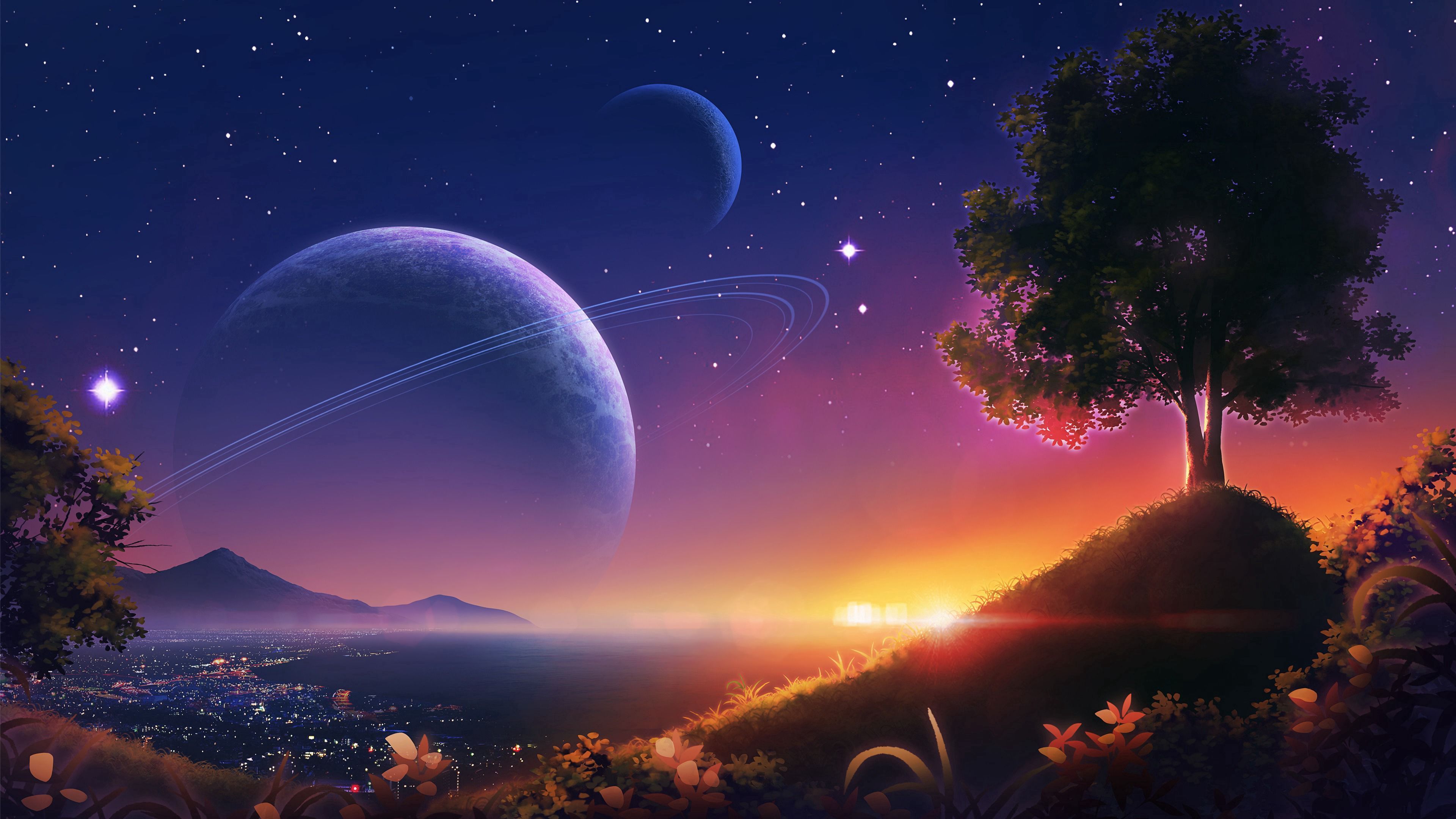 Planeten, Fantasy-Landschaft, Baum, Sonnenuntergang, Sternenhimmel, Digitale Kunst, 4K-Hintergrundbild