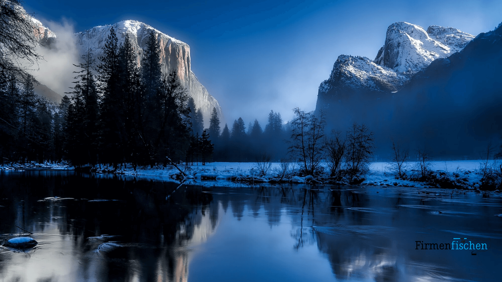 Yosemite-Nationalpark, El Capitan, Winter, Fluss, Spiegelung, Blaue Stunde, Full HD, PC-Hintergrundbild