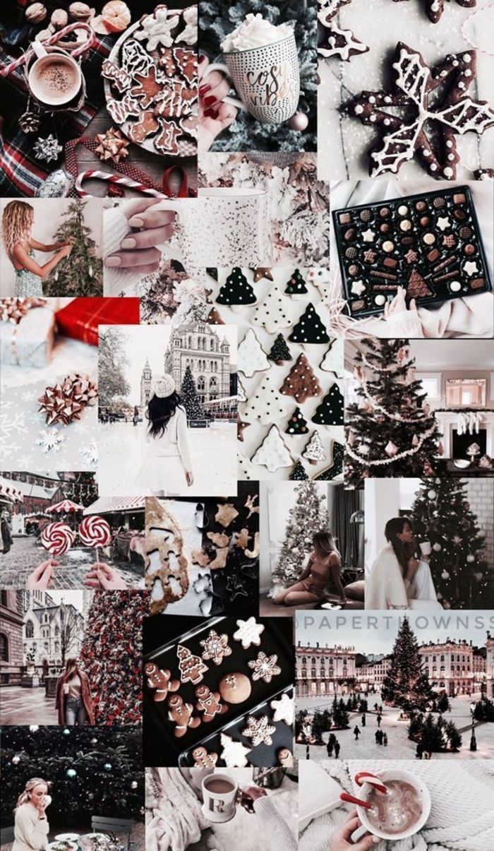 Collage, Schwarzweiß, Rot, Schneeflocken, Weihnachtsbaum, Android-Hintergrundbild