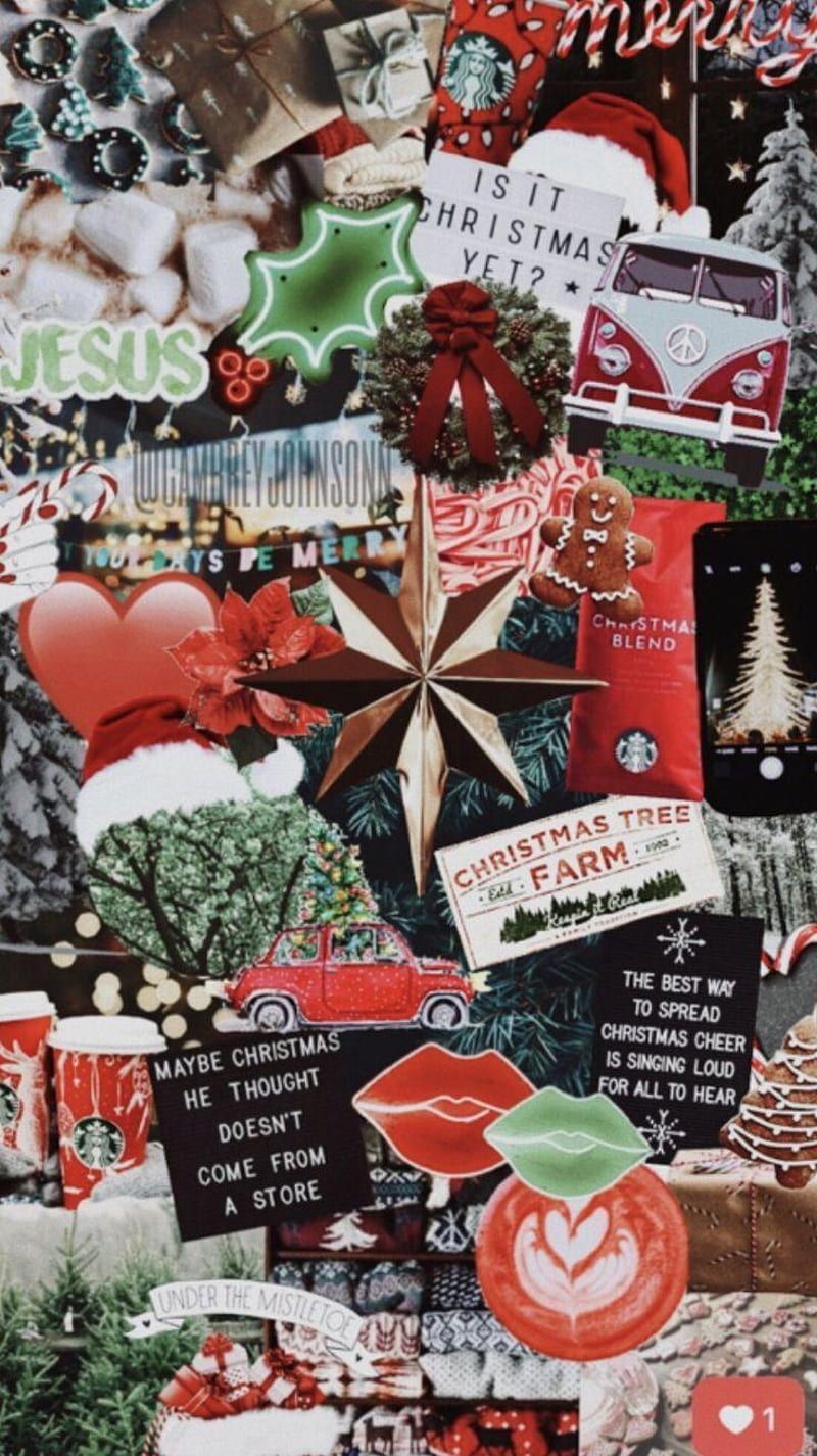 Collage, Rot-Grün, Weihnachtsdeko, Stern, Festlich, HD, Handy-Hintergrund im Hochformat