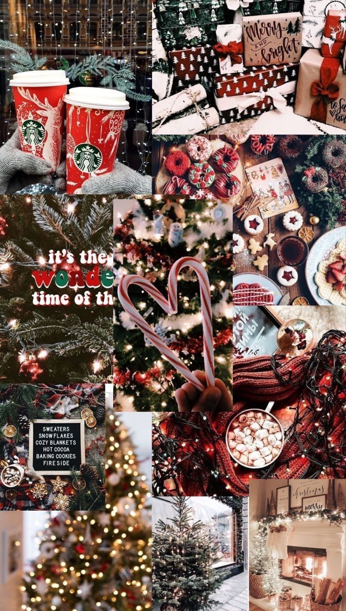 Collage, Weihnachtsbaum, Rot, Zitate, Festlich, Hintergrundbild für iPhone und Android