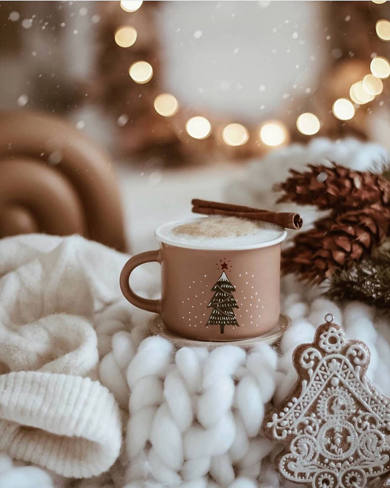 Kakao, Becher, Strickdecke, Lichterkette, Gemütlich, QHD+, iPad-Hintergrundbild