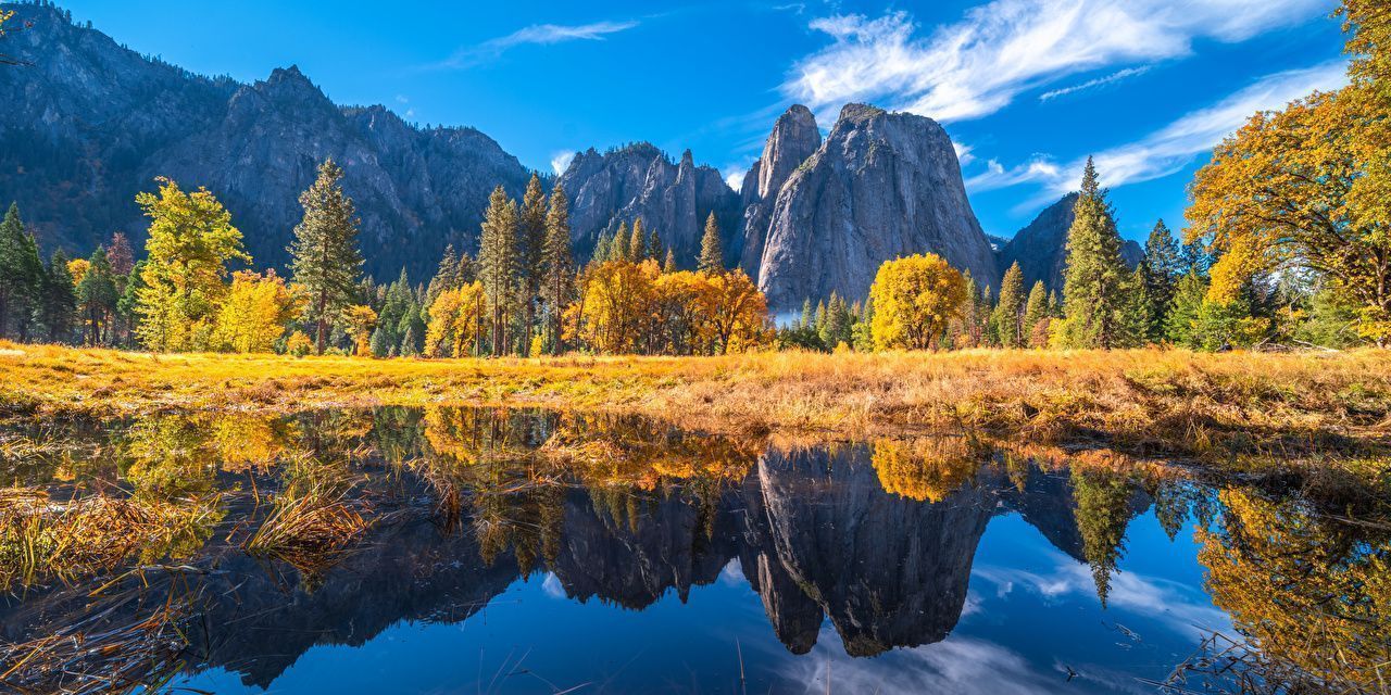 Yosemite-Nationalpark, Herbst, Spiegelung, Felswände, Blauer Himmel, HD-Hintergrundbild für PC