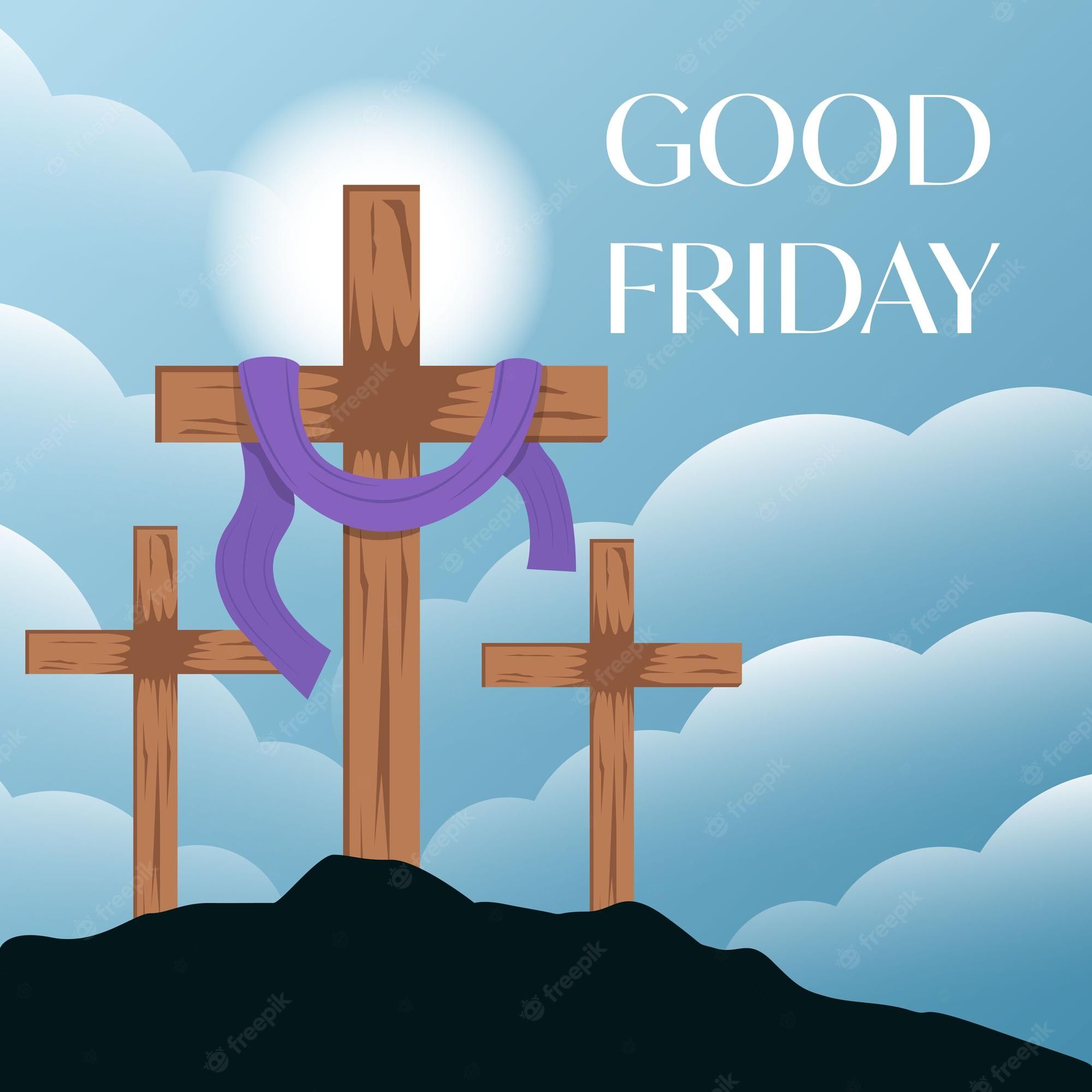 Good Friday, Drei Kreuze, Golgatha, Lila Tuch, Illustration, Wolken, Full HD, iPad-Hintergrundbild