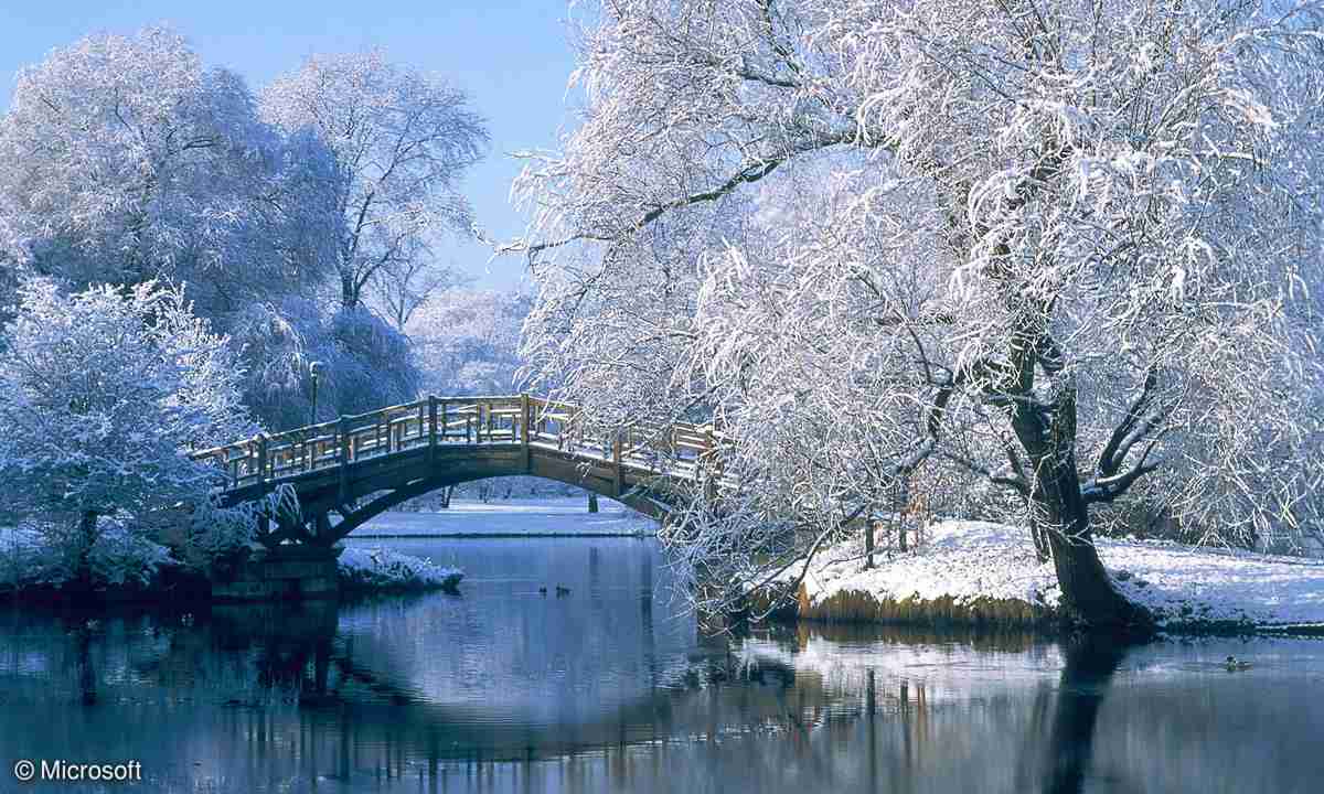 Winterlandschaft, Brücke, Raureif, Teich, Schnee, Hintergrundbild