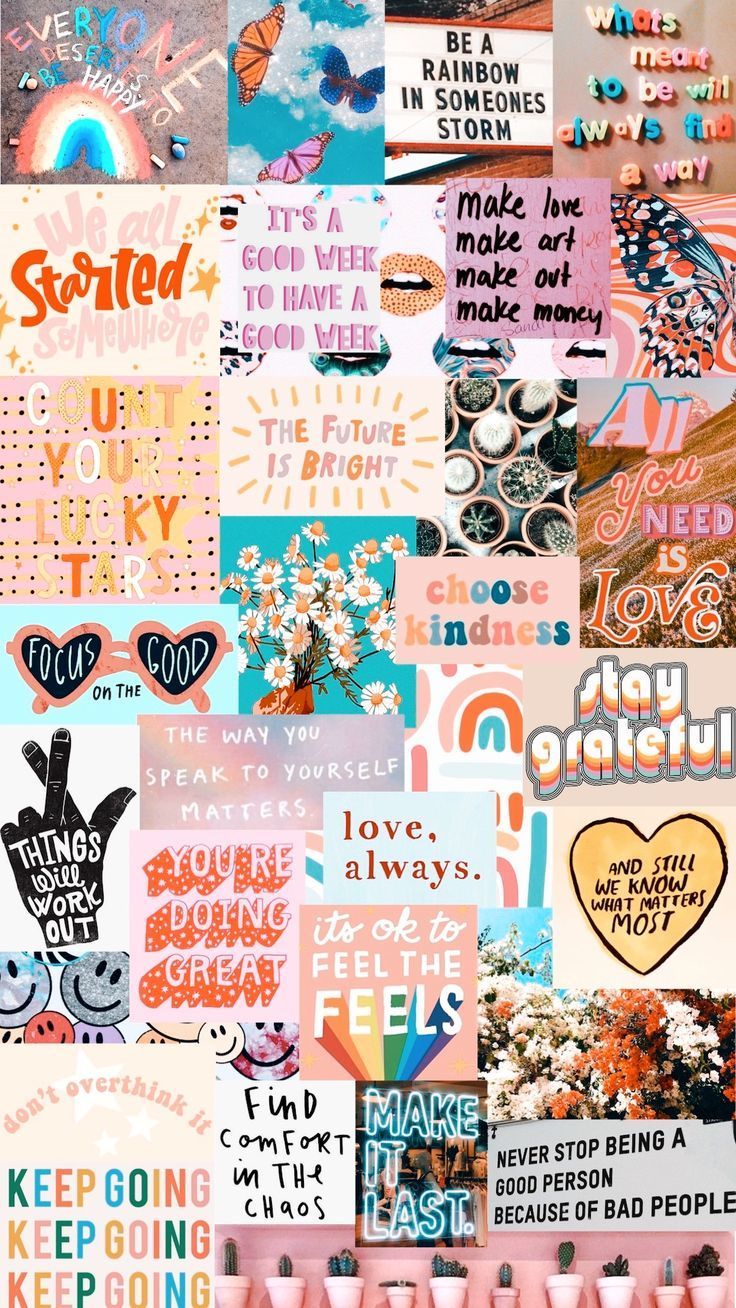 Collage, Motivationssprüche, Sticker, Retro, Bunt, Positiv, HD, iPhone-Hintergrundbild