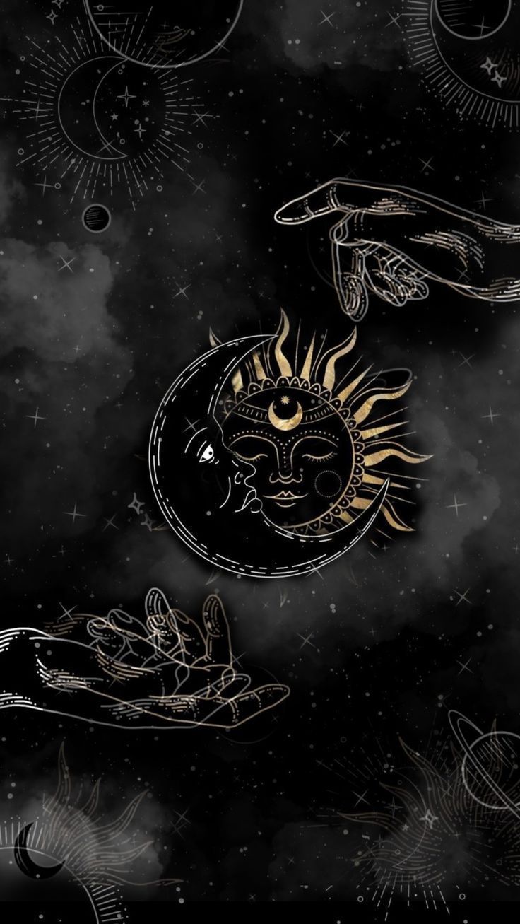 Sonne und Mond, Hände, Mystisch, Goldene Linien, Schwarzer Hintergrund, Sperrbildschirm fürs iPhone