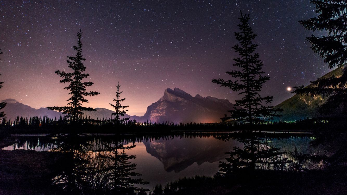 Sternenhimmel, See, Tannen, Berge, Nacht, HD, Hintergrund für den Desktop
