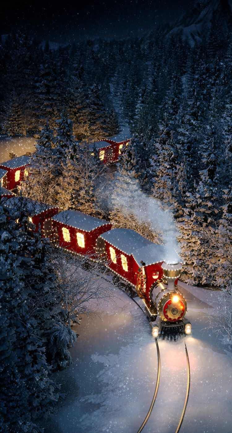 Dampflok, Zug, Verschneiter Wald, Winter, Nacht, Weihnachtsstimmung, Hintergrundbild fürs Handy