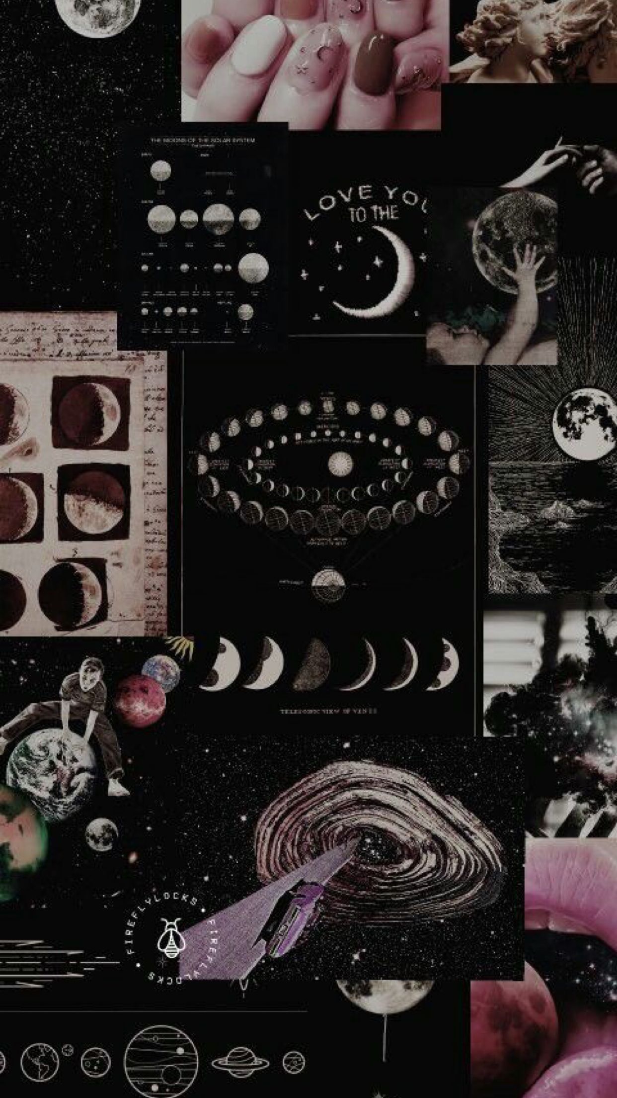 Collage, Mondphasen, Dunkle Ästhetik, Schwarz, Rosa, Hochformat, Hintergrundbild fürs Smartphone