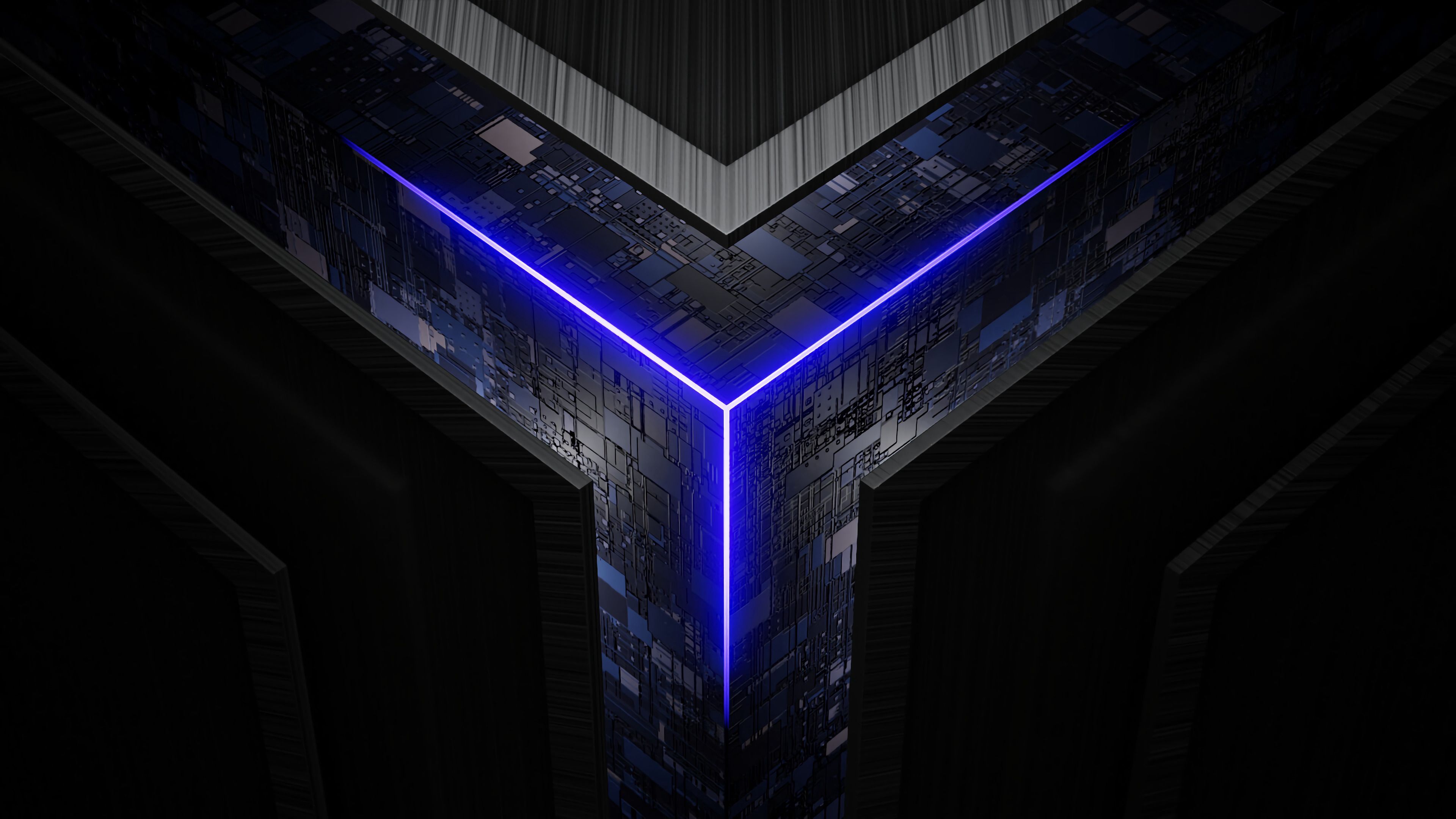 Abstrakt, 3D-Grafik, Neonlicht, Blaues Licht, Schwarzer Hintergrund, 4K Wallpaper
