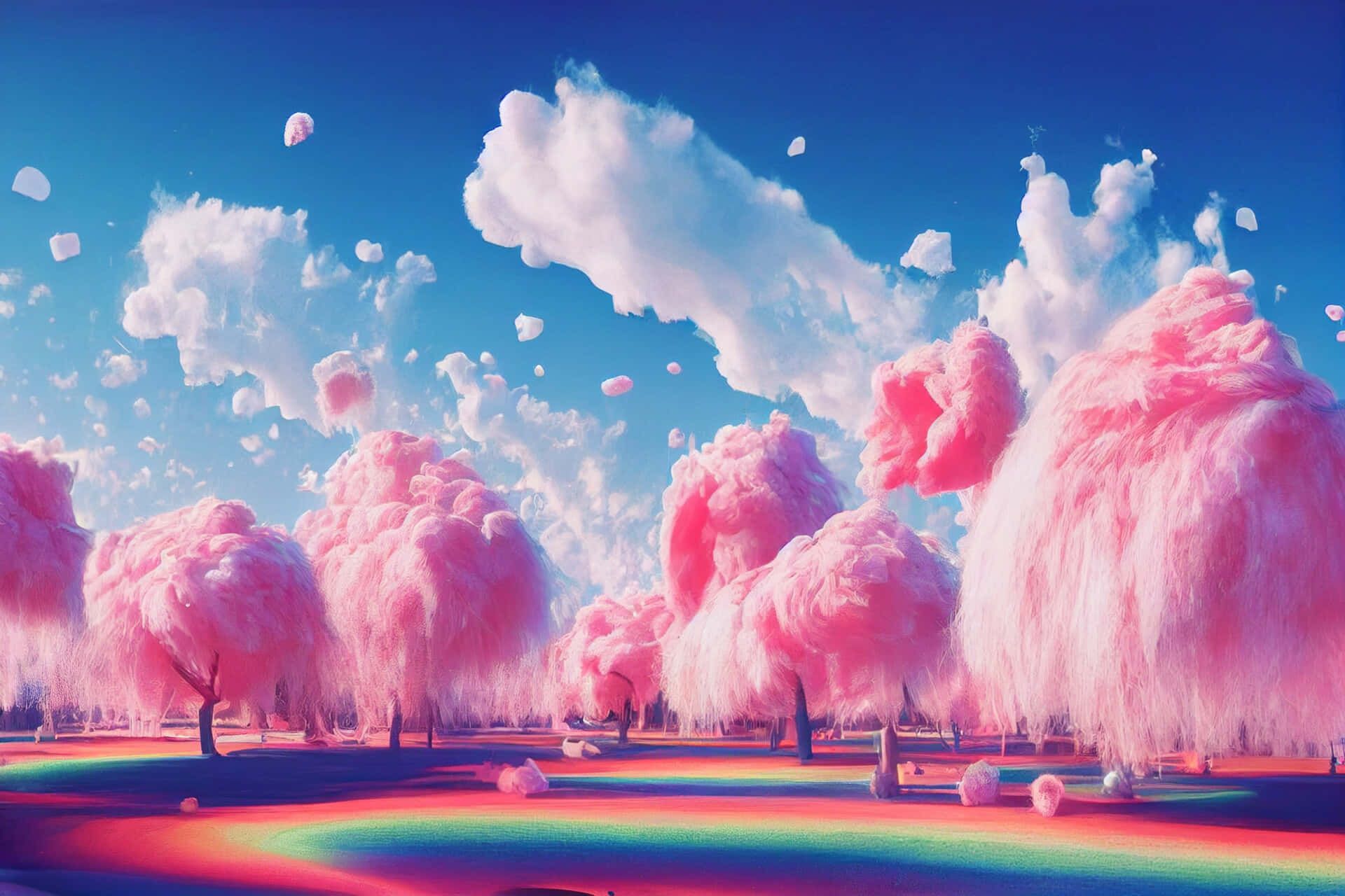 Zuckerwattebäume, Rosa Bäume, Regenbogen, Fantasielandschaft, Wolken, Blauer Himmel, Full-HD-Hintergrund