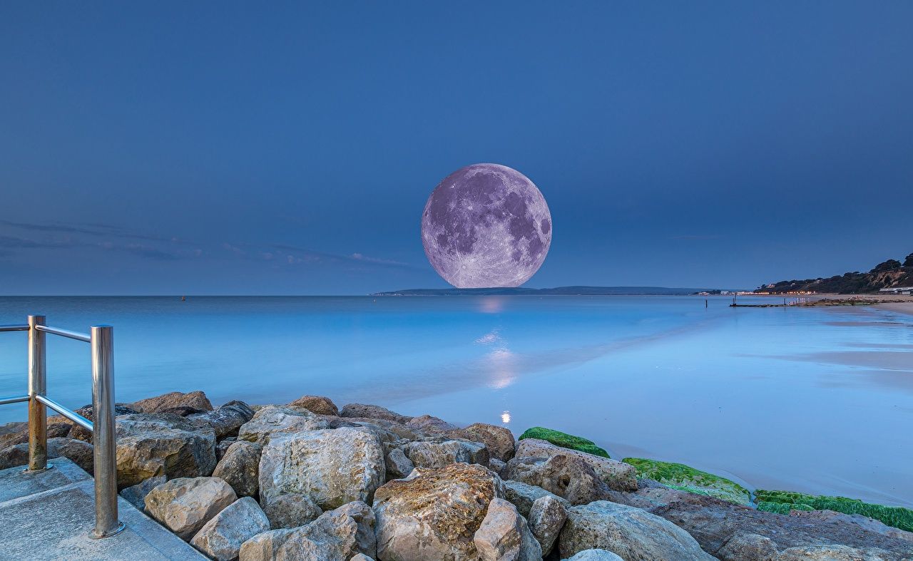 Vollmond, Meer, Felsen, Blaue Stunde, Küste, HD, Hintergrundbild für den PC